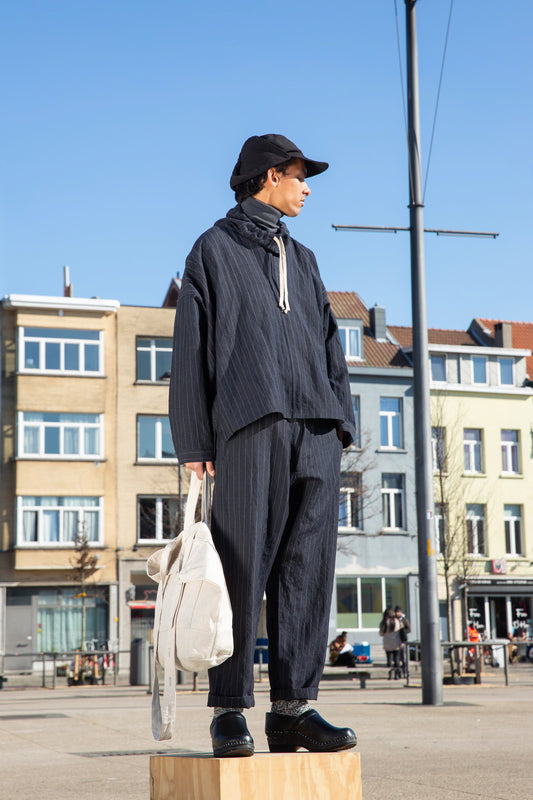 O PROJECT FINE STRIPED CLOTH STAND NECK PULLOVER