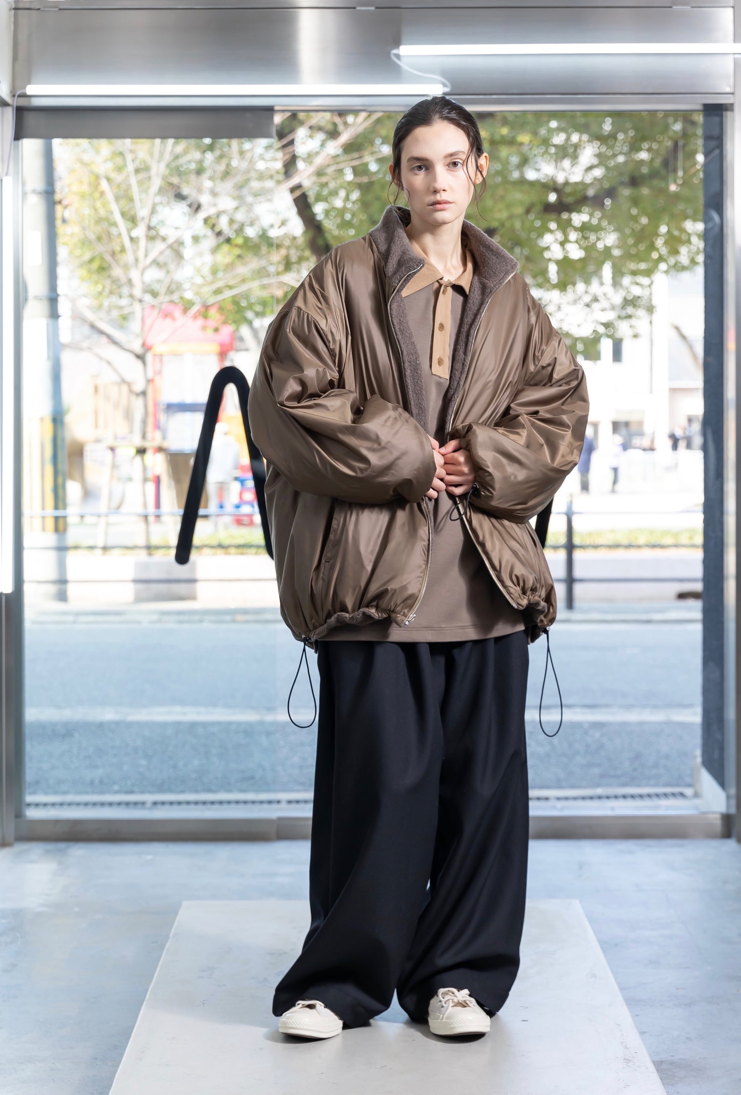 VOAAOV BISHU ANGORA PILE JERSEY REVERSIBLE BOA JACKET - BROWN