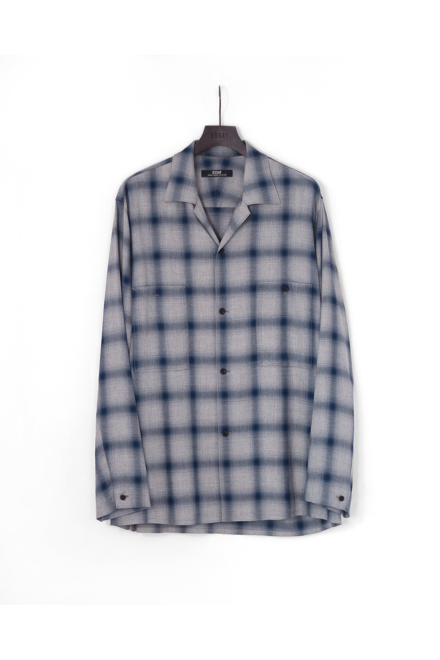 ESSAY SHADOW CHECK OPEN COLLAR SHIRT - BLUE CHECK