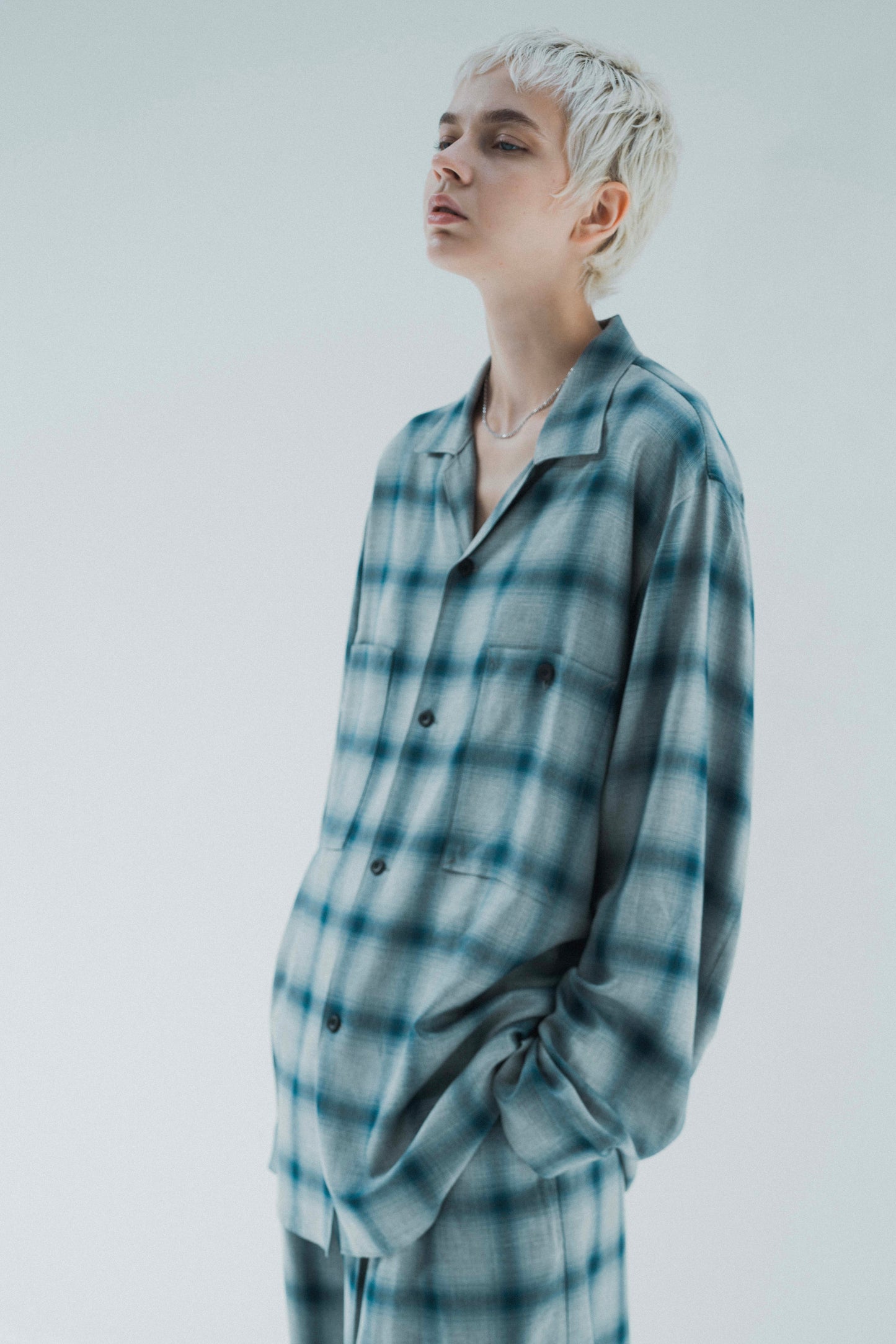 ESSAY SHADOW CHECK OPEN COLLAR SHIRT - BLUE CHECK