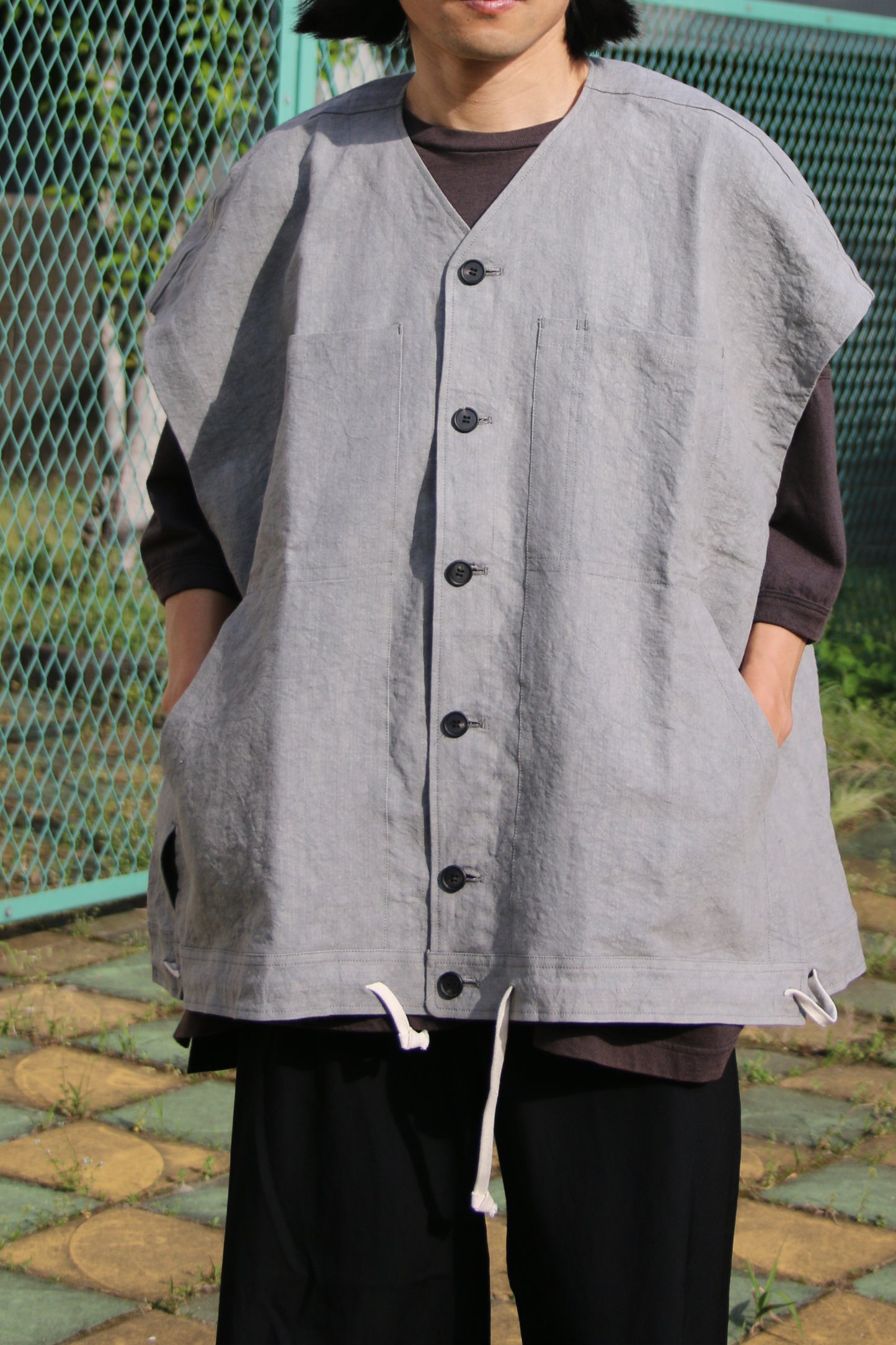 O PROJECT LINEN WASHI CLOTH BODY WARMER - LIGHT SUMI
