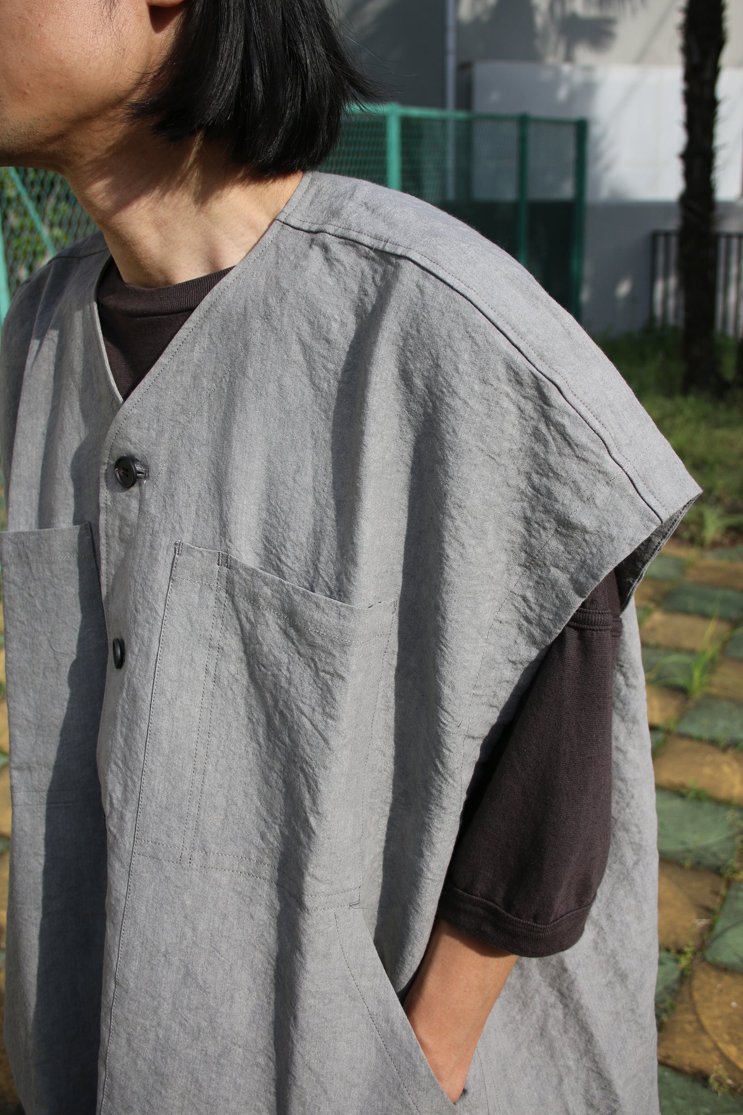 O PROJECT LINEN WASHI CLOTH BODY WARMER - LIGHT SUMI