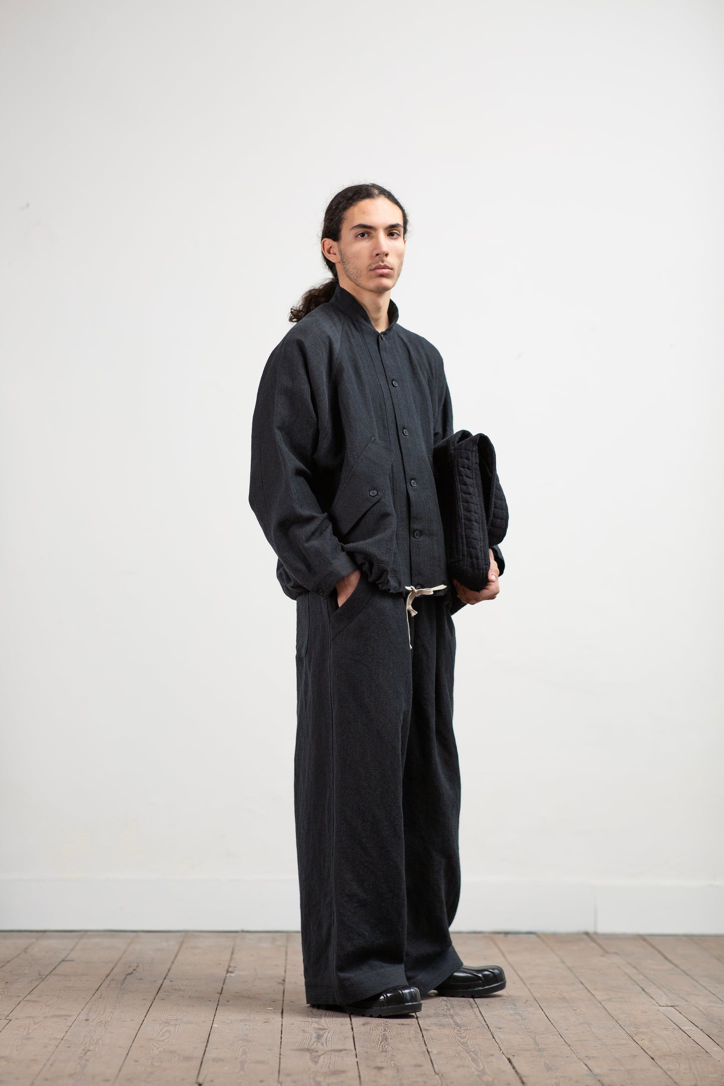 O PROJECT FINE HERRINGBONE EASY WIDE PANTS