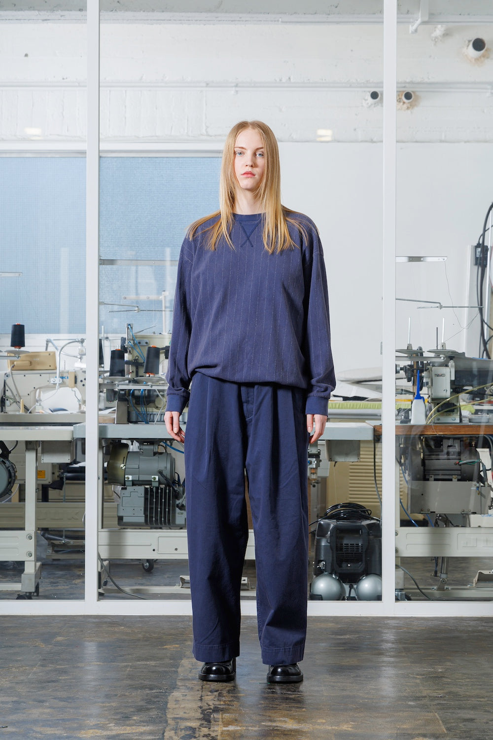 VOAAOV QUILTING STITCH OPEN END JERSEY SWEAT - NAVY