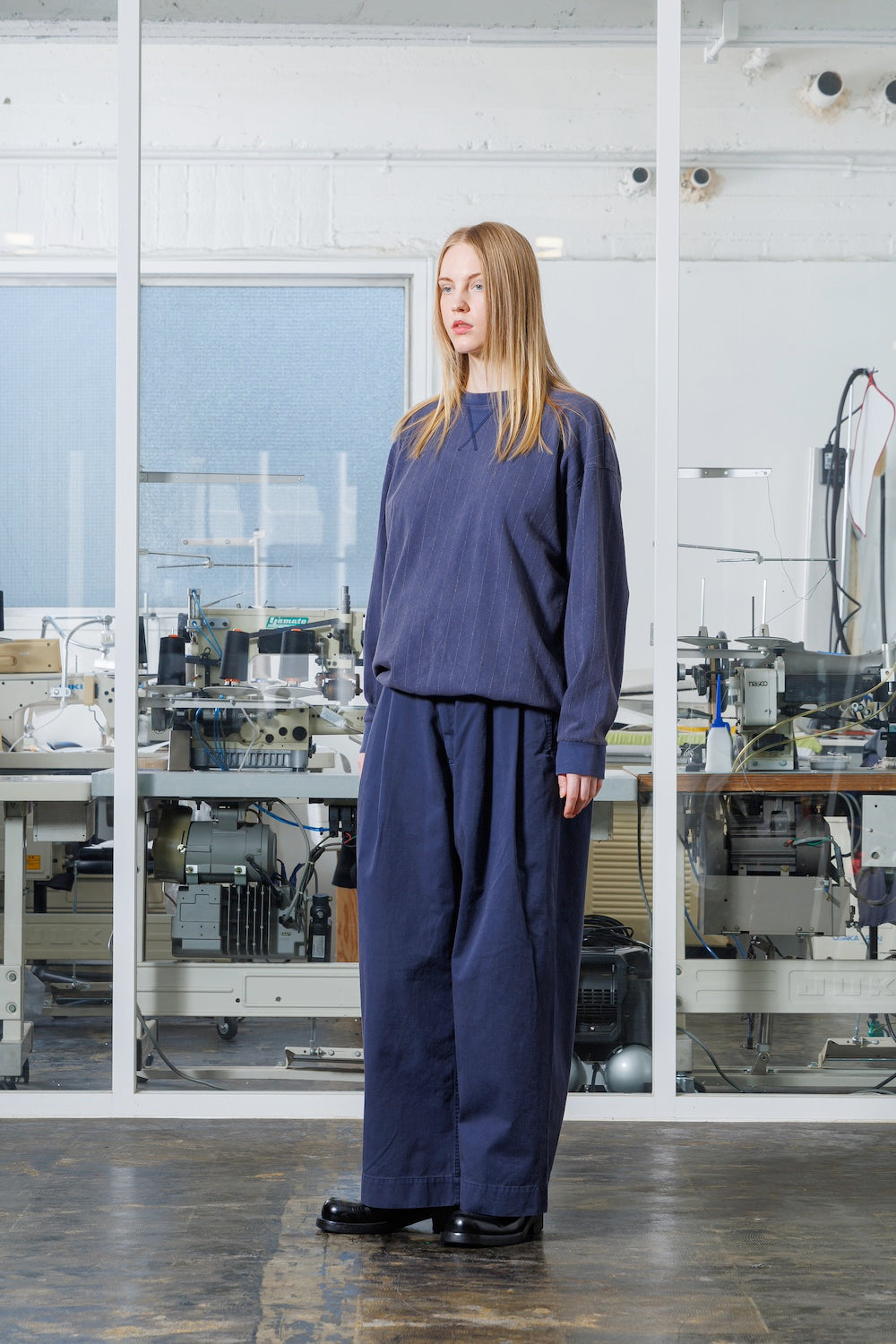 VOAAOV QUILTING STITCH OPEN END JERSEY SWEAT - NAVY