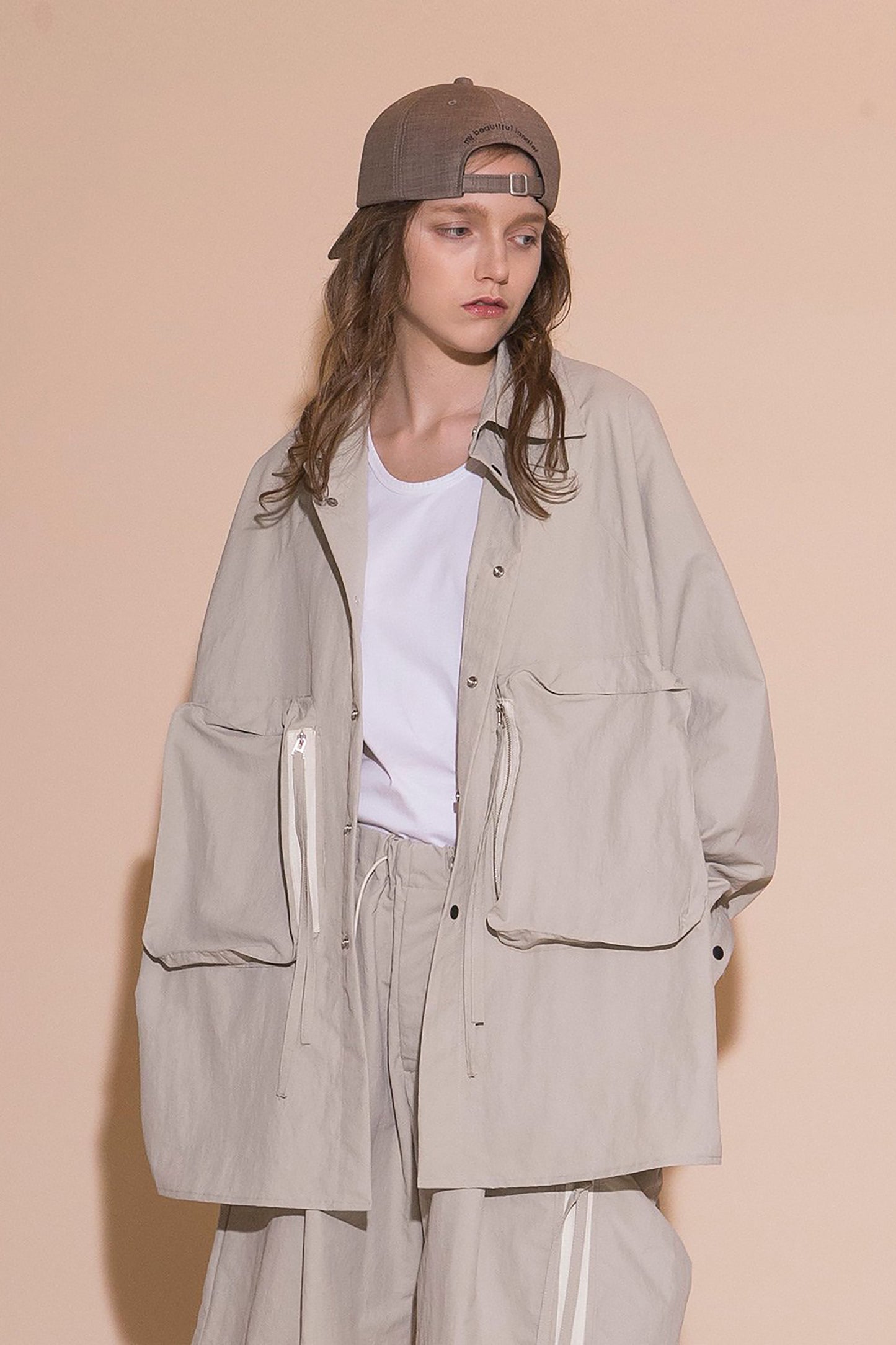 MY BEAUTIFUL LANDLET NYLON TAFFETA BIG POCKET SHIRT - LIGHT GRAY