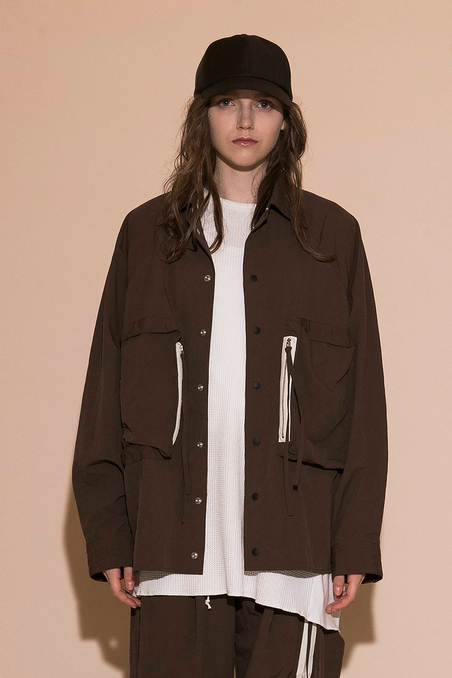 MY BEAUTIFUL LANDLET NYLON TAFFETA BIG POCKET SHIRT - BROWN