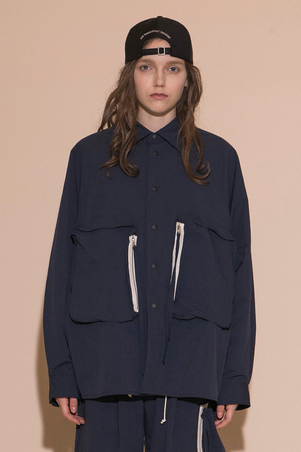 MY BEAUTIFUL LANDLET NYLON TAFFETA BIG POCKET SHIRT - NAVY