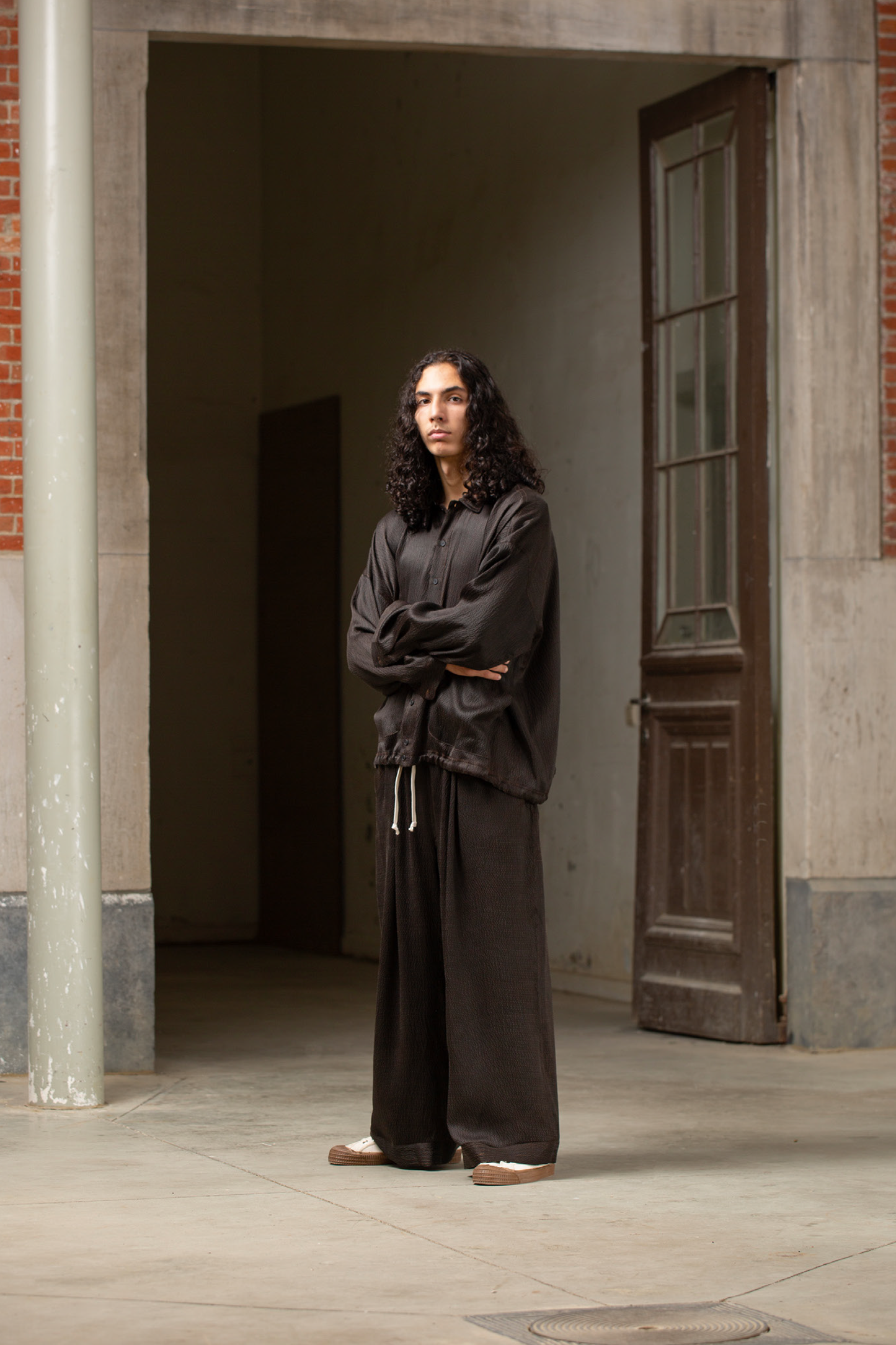 O PROJECT SILK SEERSUCKER WIDE PANTS