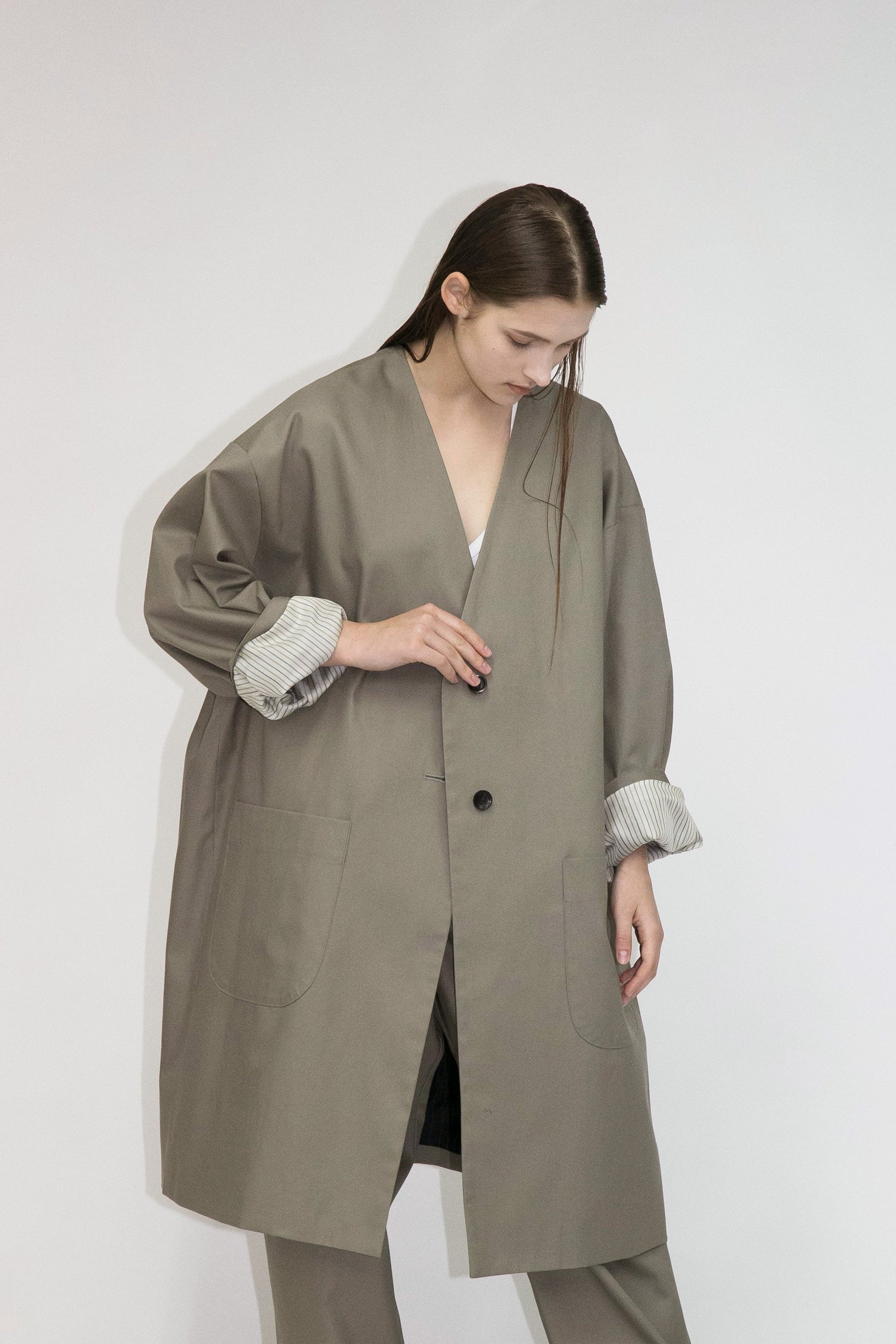 21AW, WM01-CO212011, MY BEAUTIFUL LANDLET HIGH DENSITY GABARDINE STRIPE CUPRO REVERSIBLE COAT, OLIVE, my beautiful landlet (マイビューティフルランドレット) を取扱う正規通販ストアTOYASIDO。