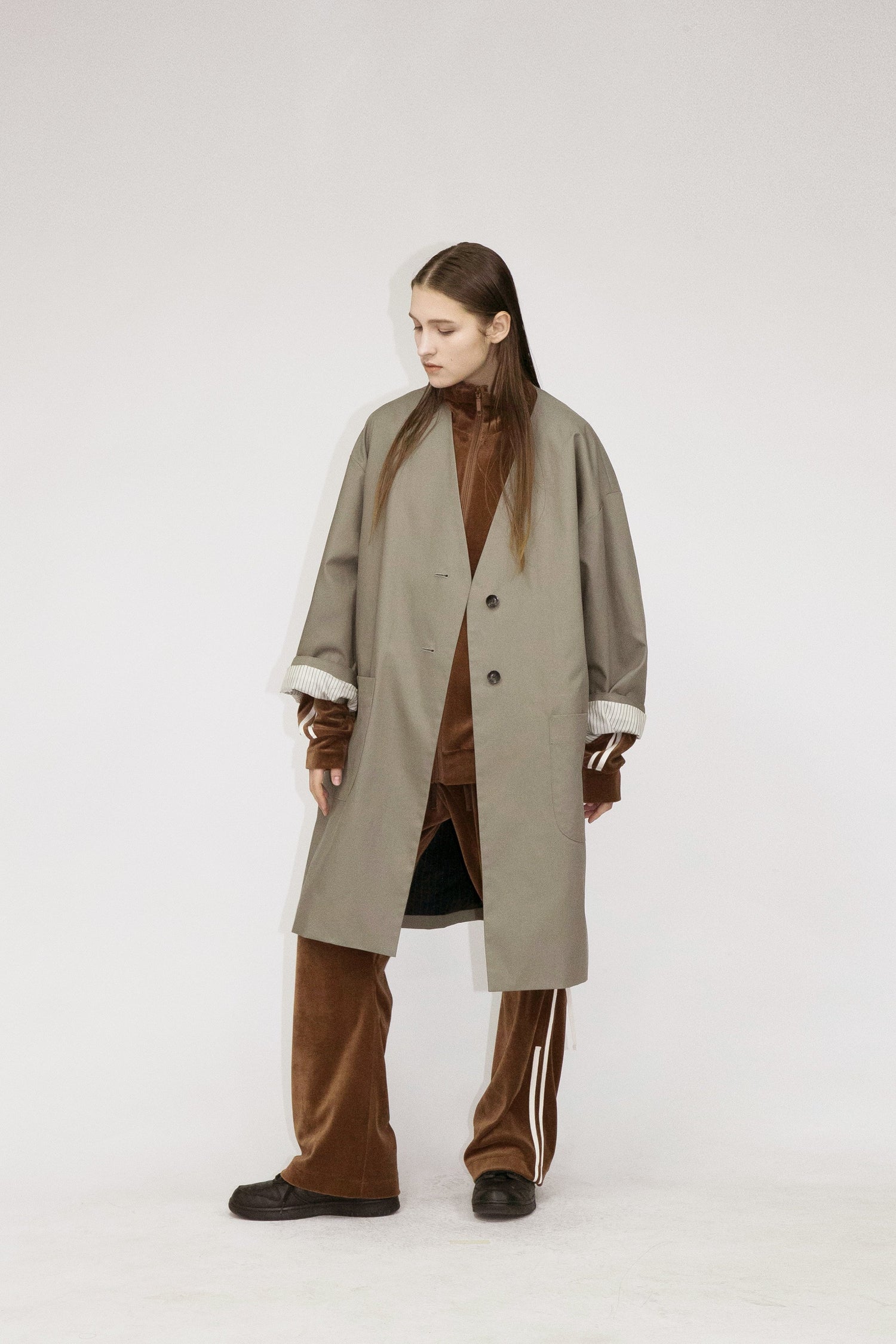 21AW, WM01-CO212011, MY BEAUTIFUL LANDLET HIGH DENSITY GABARDINE STRIPE CUPRO REVERSIBLE COAT, OLIVE, my beautiful landlet (マイビューティフルランドレット) を取扱う正規通販ストアTOYASIDO。