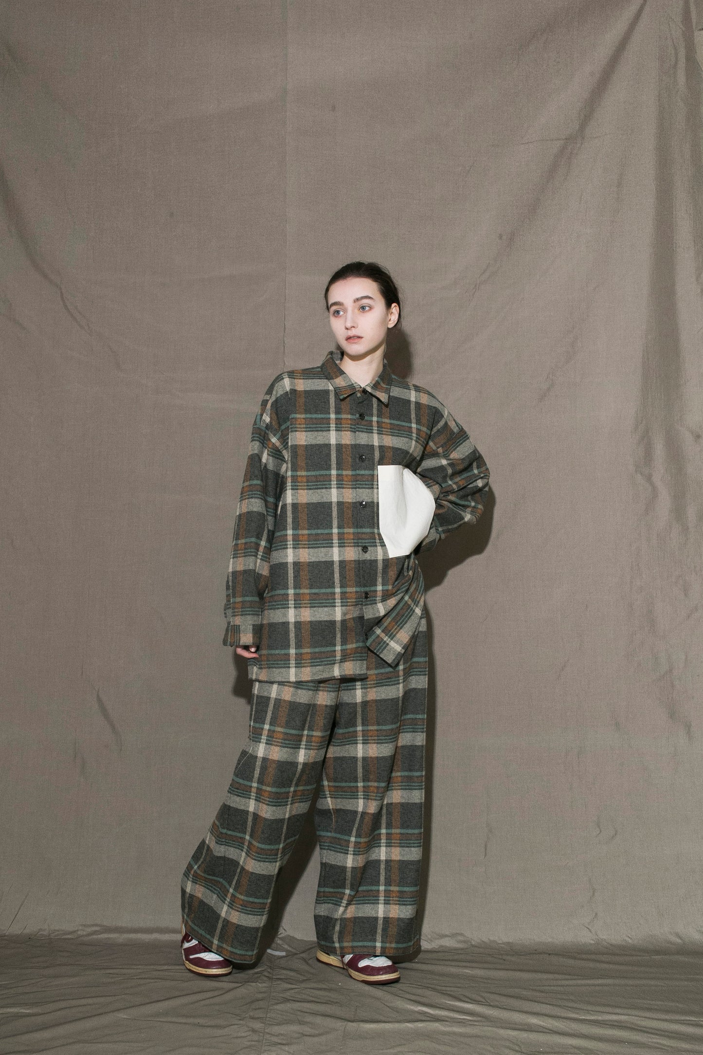 MY BEAUTIFUL LANDLET HEATHER MIX CHECKED COTTON WIDE EASY PANTS