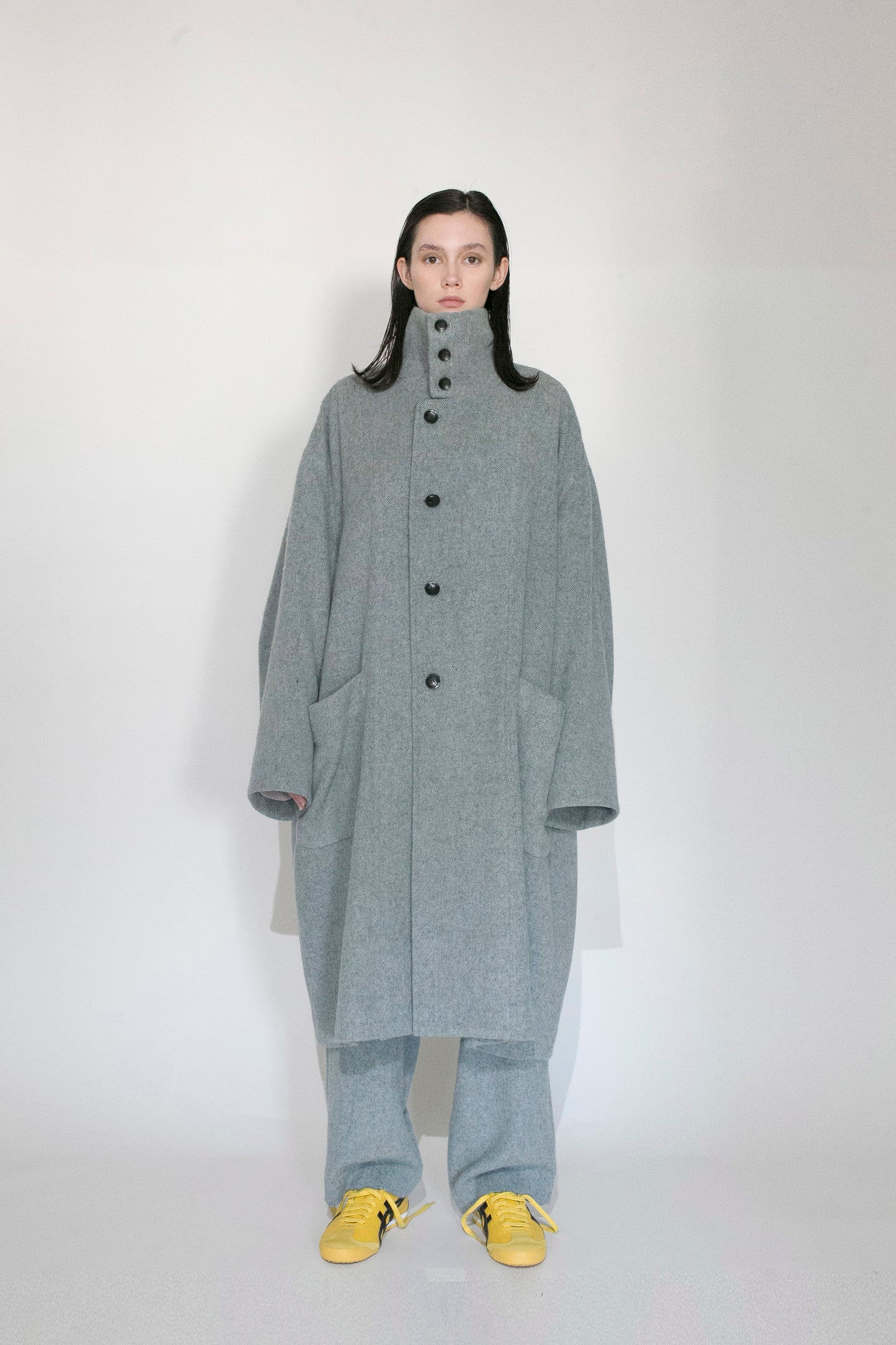 VOAAOV RECYCLE HERRINGBONE BLANKET COAT - BLUE
