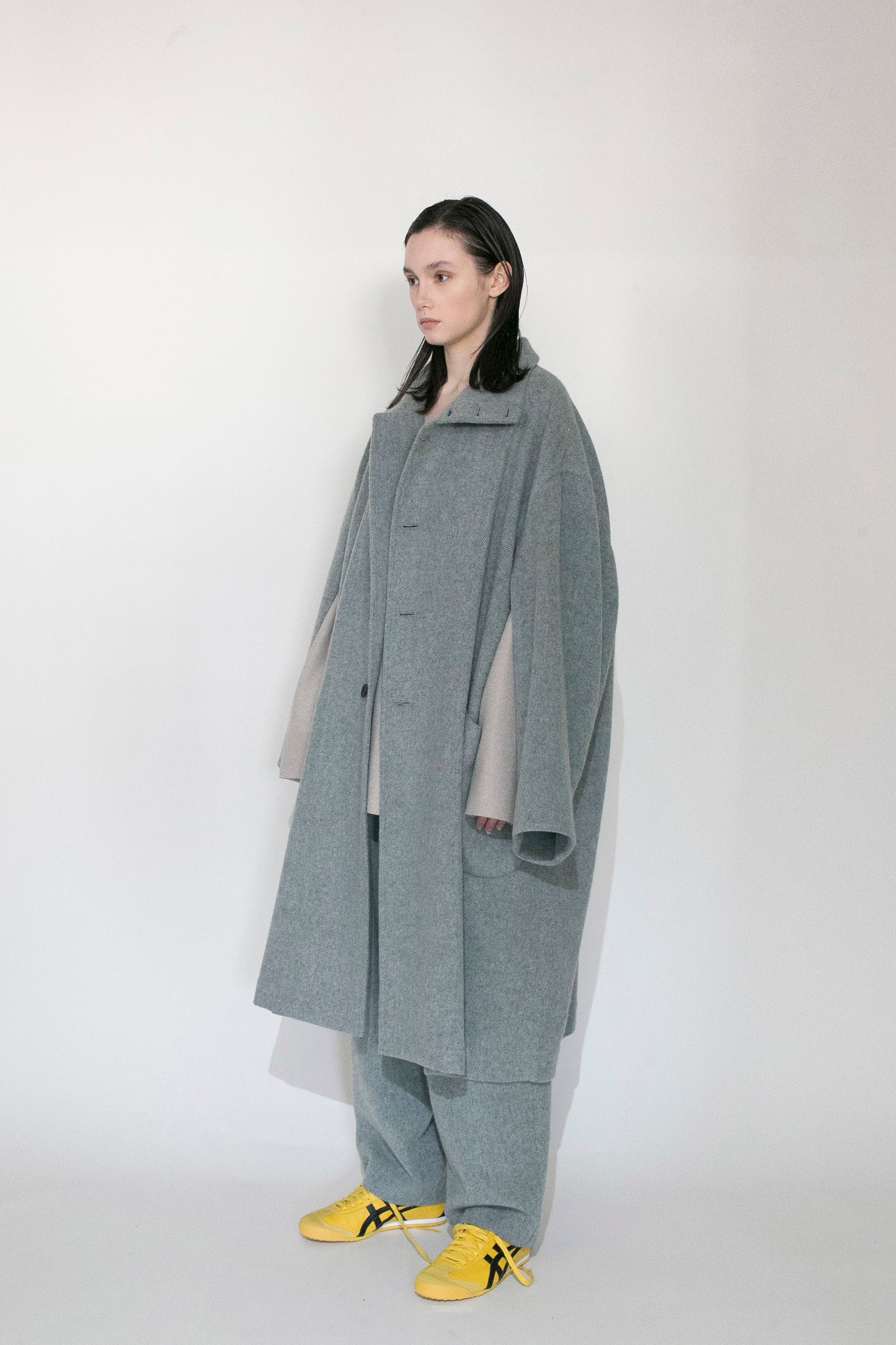 VOAAOV RECYCLE HERRINGBONE BLANKET COAT - BLUE