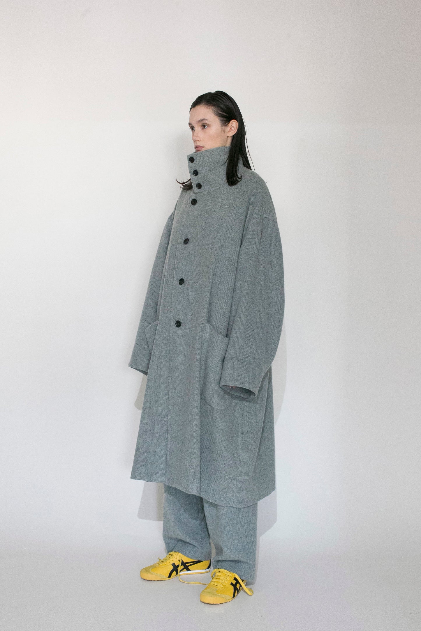 VOAAOV RECYCLE HERRINGBONE BLANKET COAT - BLUE