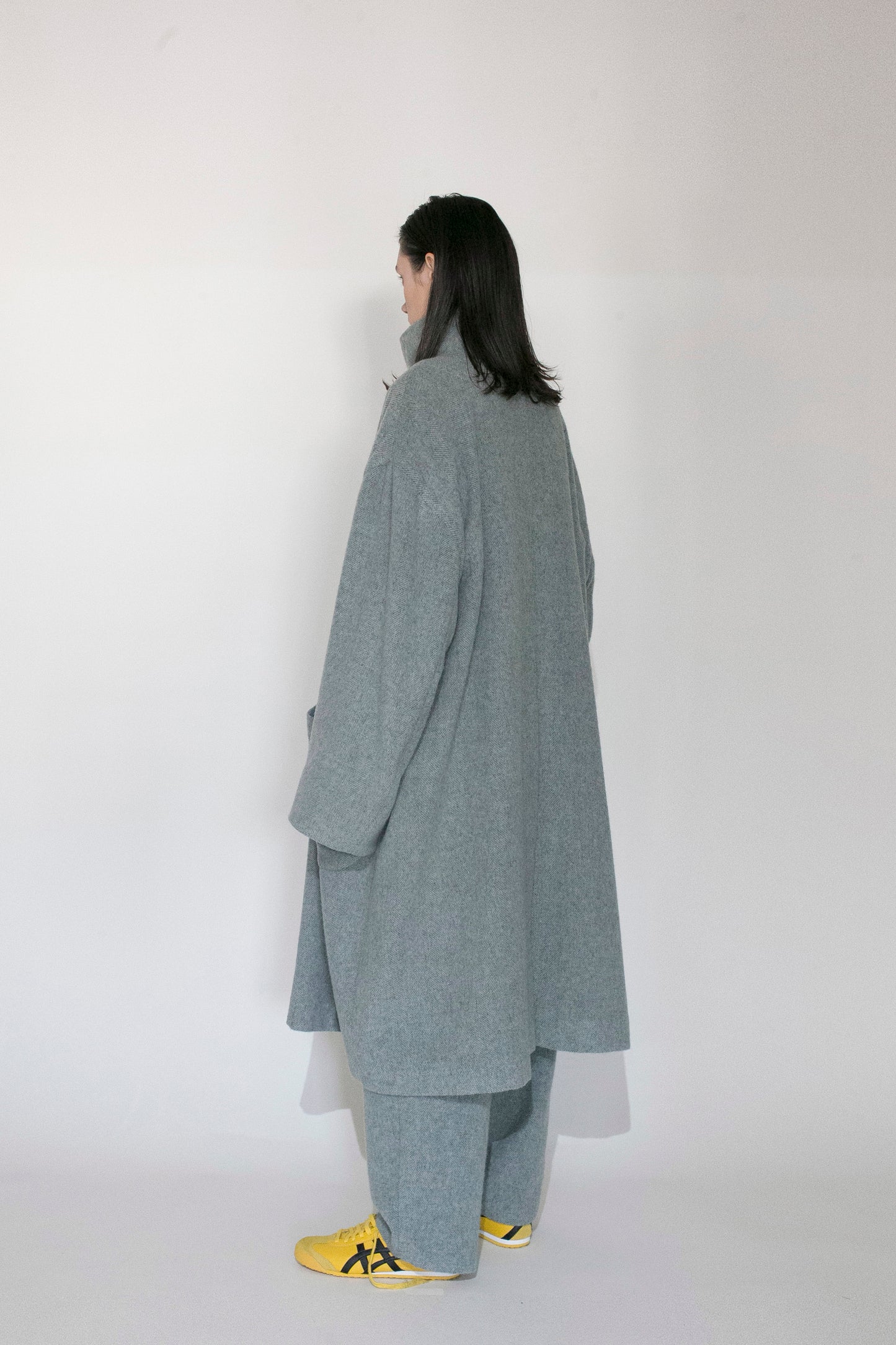 VOAAOV RECYCLE HERRINGBONE BLANKET COAT - BLUE