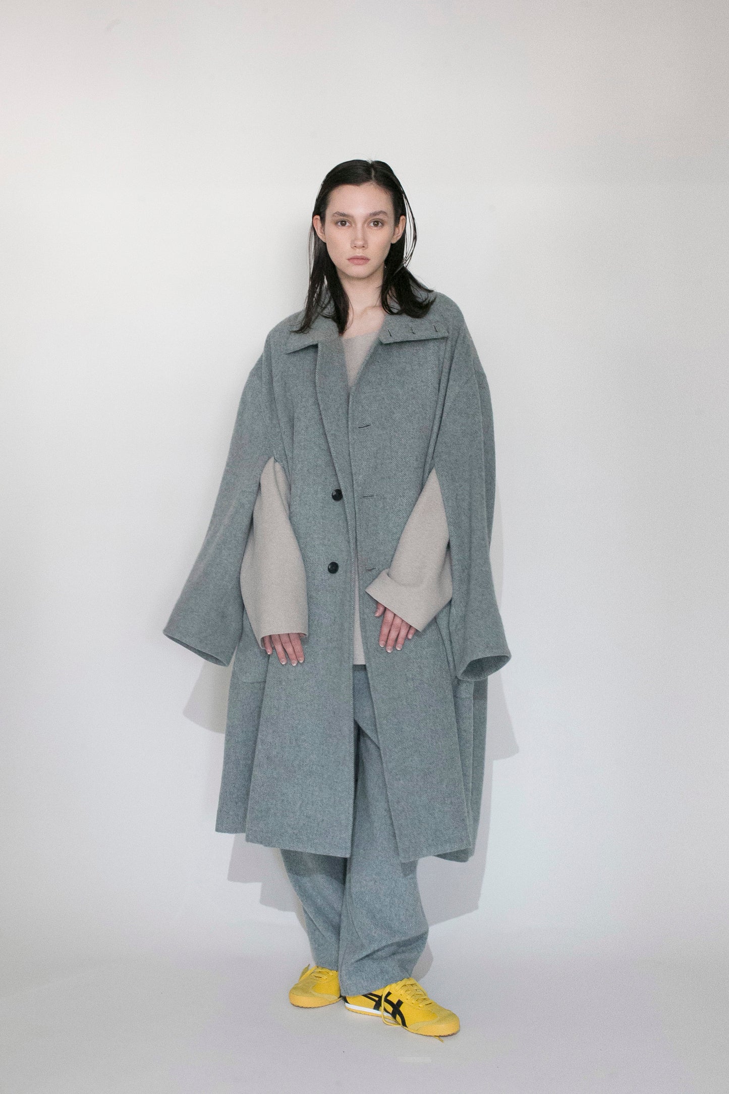 VOAAOV RECYCLE HERRINGBONE BLANKET COAT - BLUE