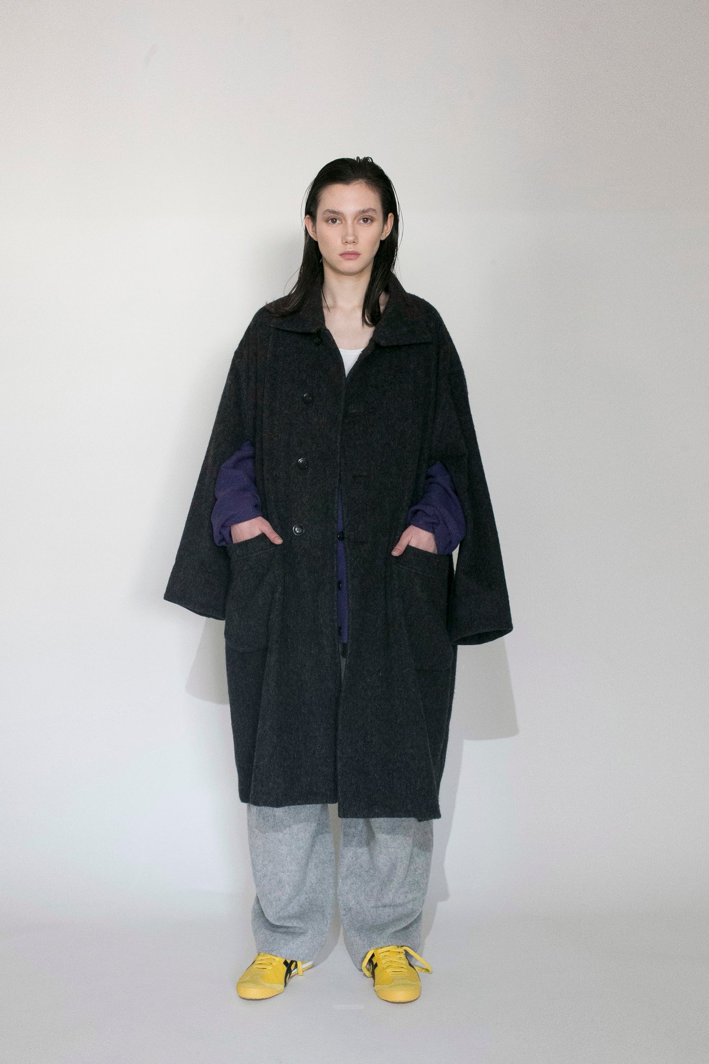 VOAAOV RECYCLE HERRINGBONE BLANKET COAT - BLACK