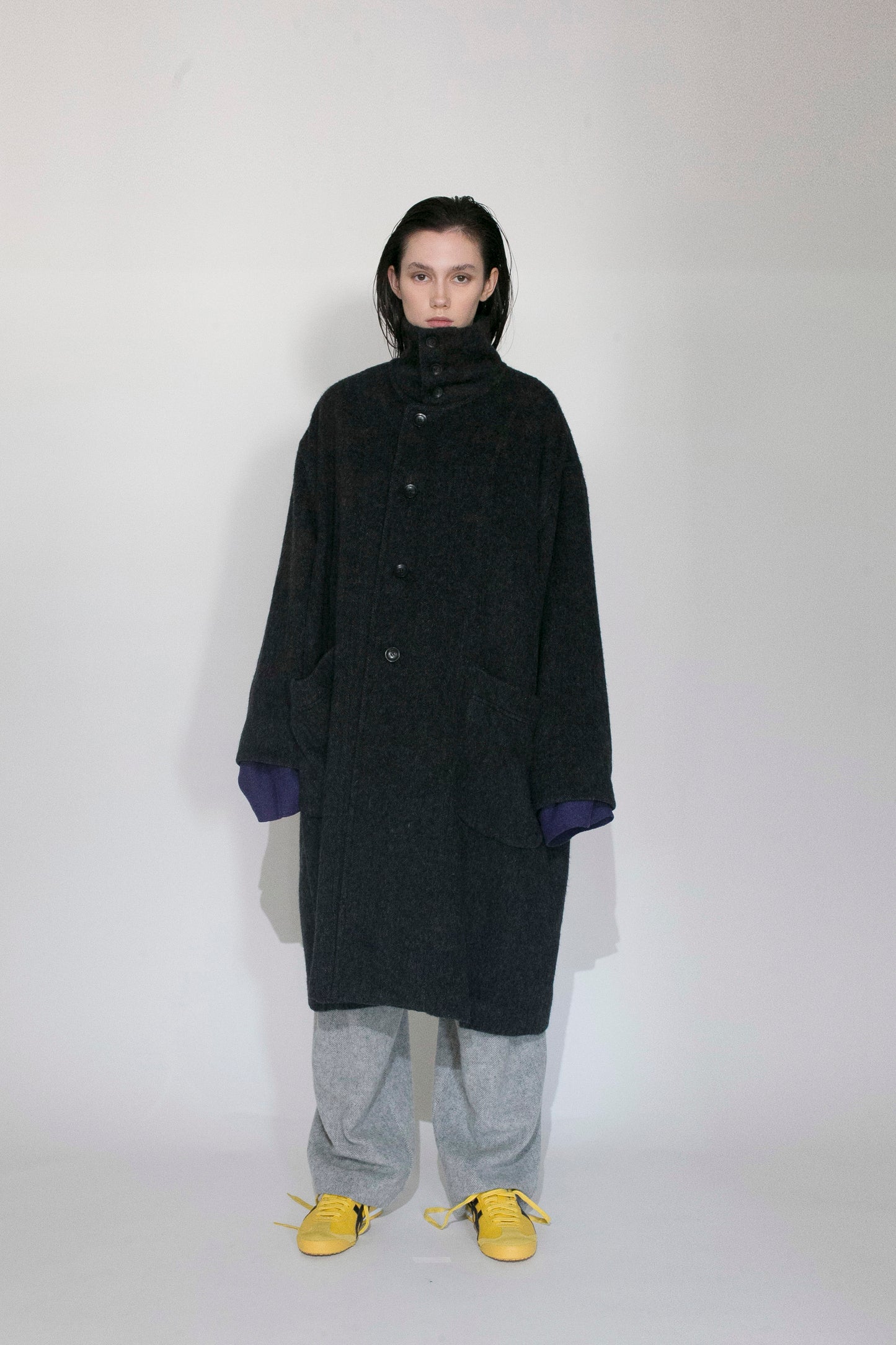 VOAAOV RECYCLE HERRINGBONE BLANKET COAT - BLACK