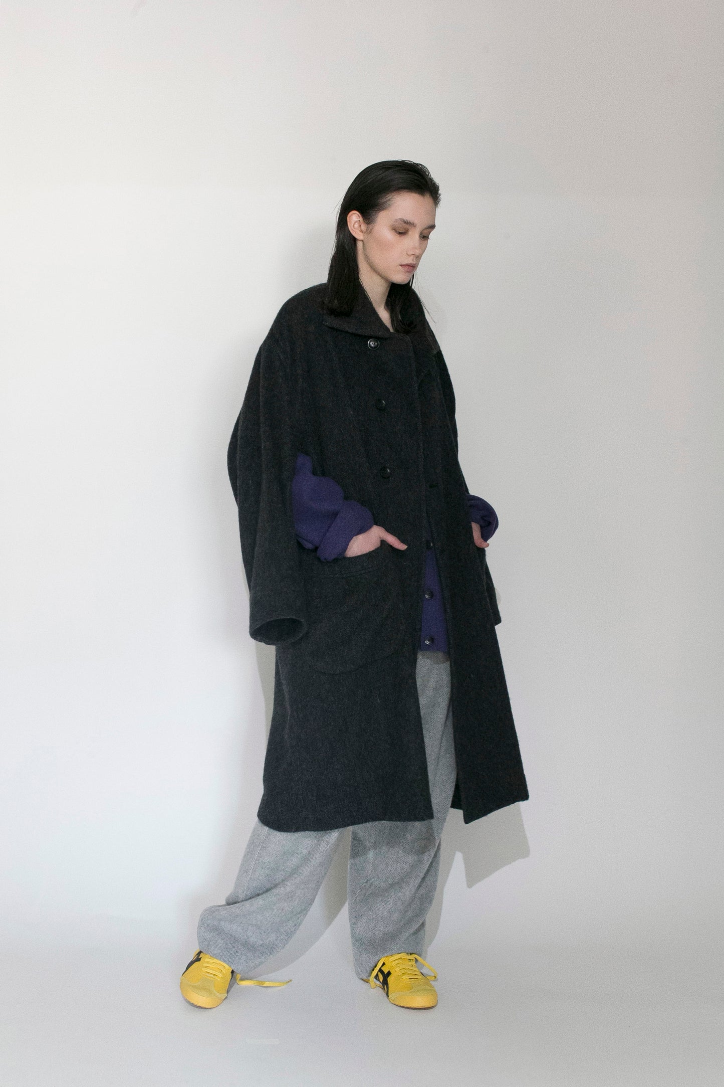 VOAAOV RECYCLE HERRINGBONE BLANKET COAT - BLACK