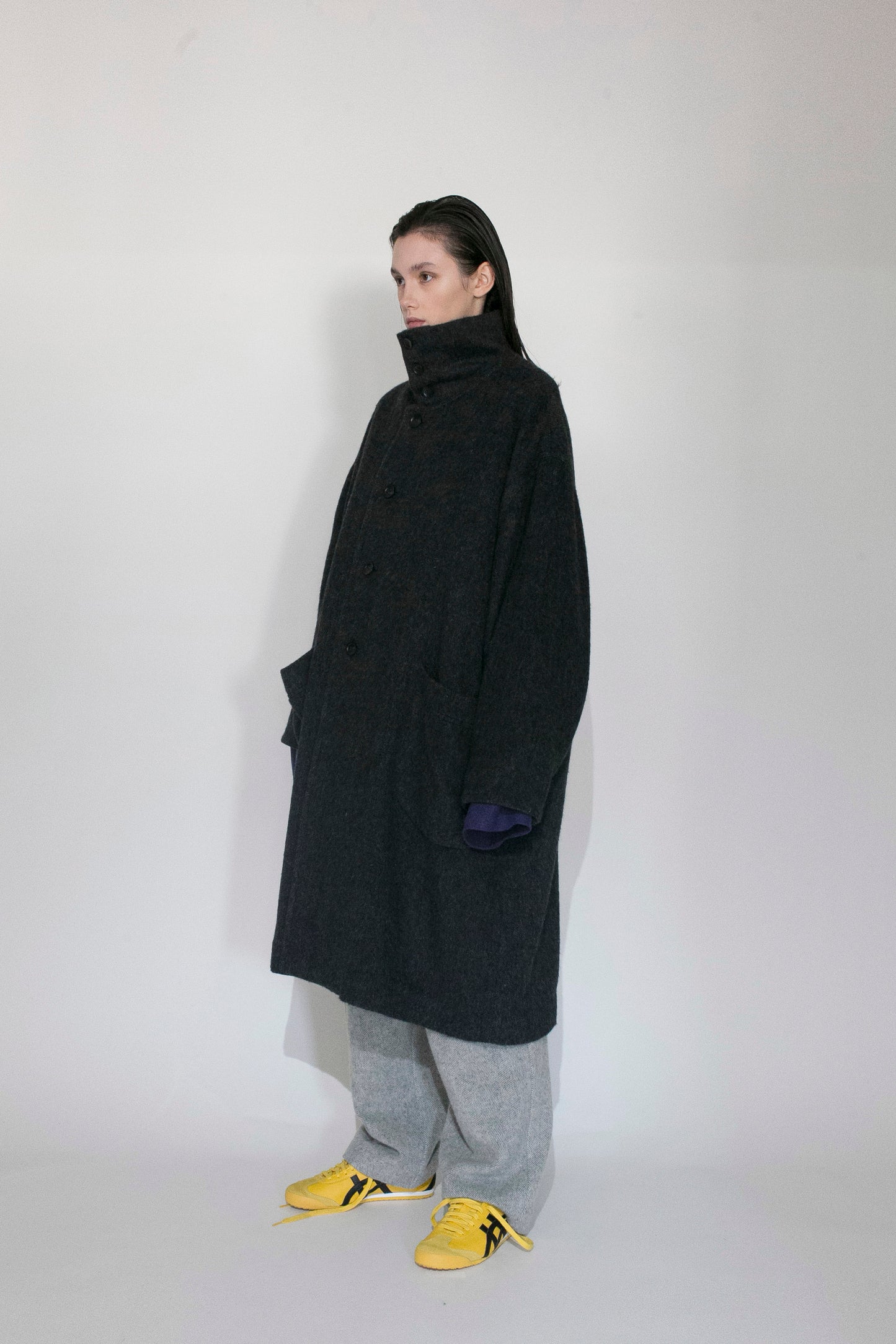 VOAAOV RECYCLE HERRINGBONE BLANKET COAT - BLACK