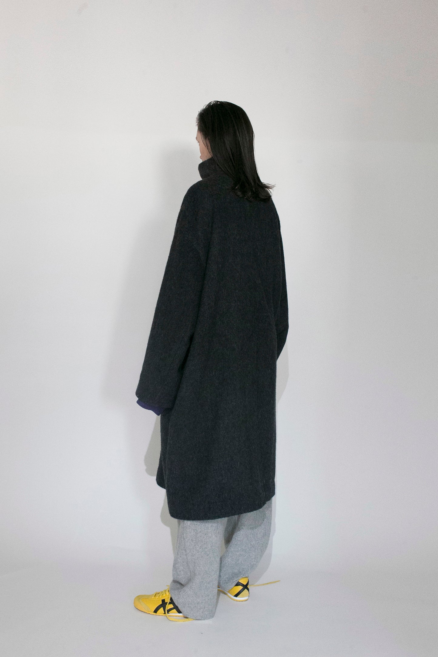VOAAOV RECYCLE HERRINGBONE BLANKET COAT - BLACK