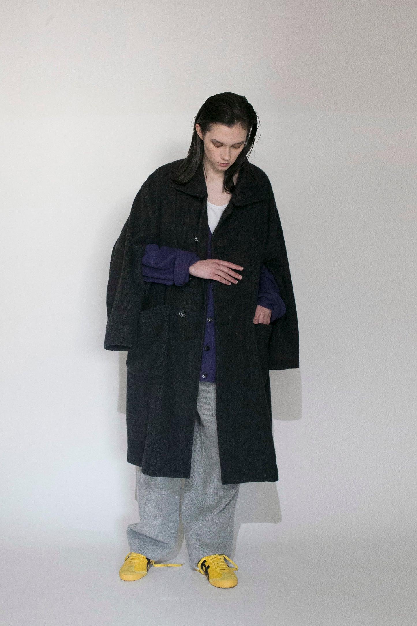 VOAAOV RECYCLE HERRINGBONE BLANKET COAT - BLACK