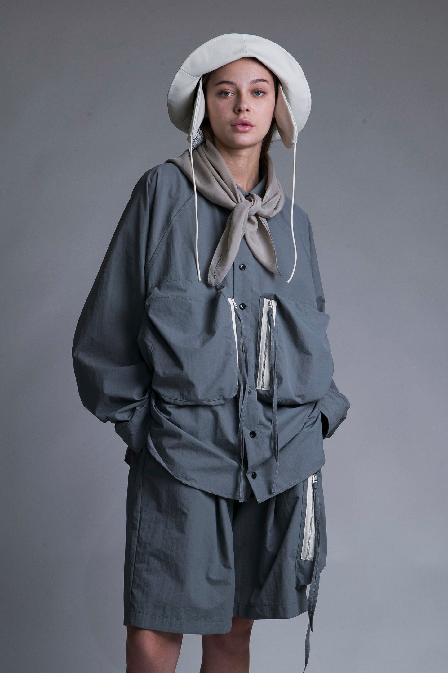 MY BEAUTIFUL LANDLET NYLON DYED TAFFETA BIG POCKET SHIRT - GRAY
