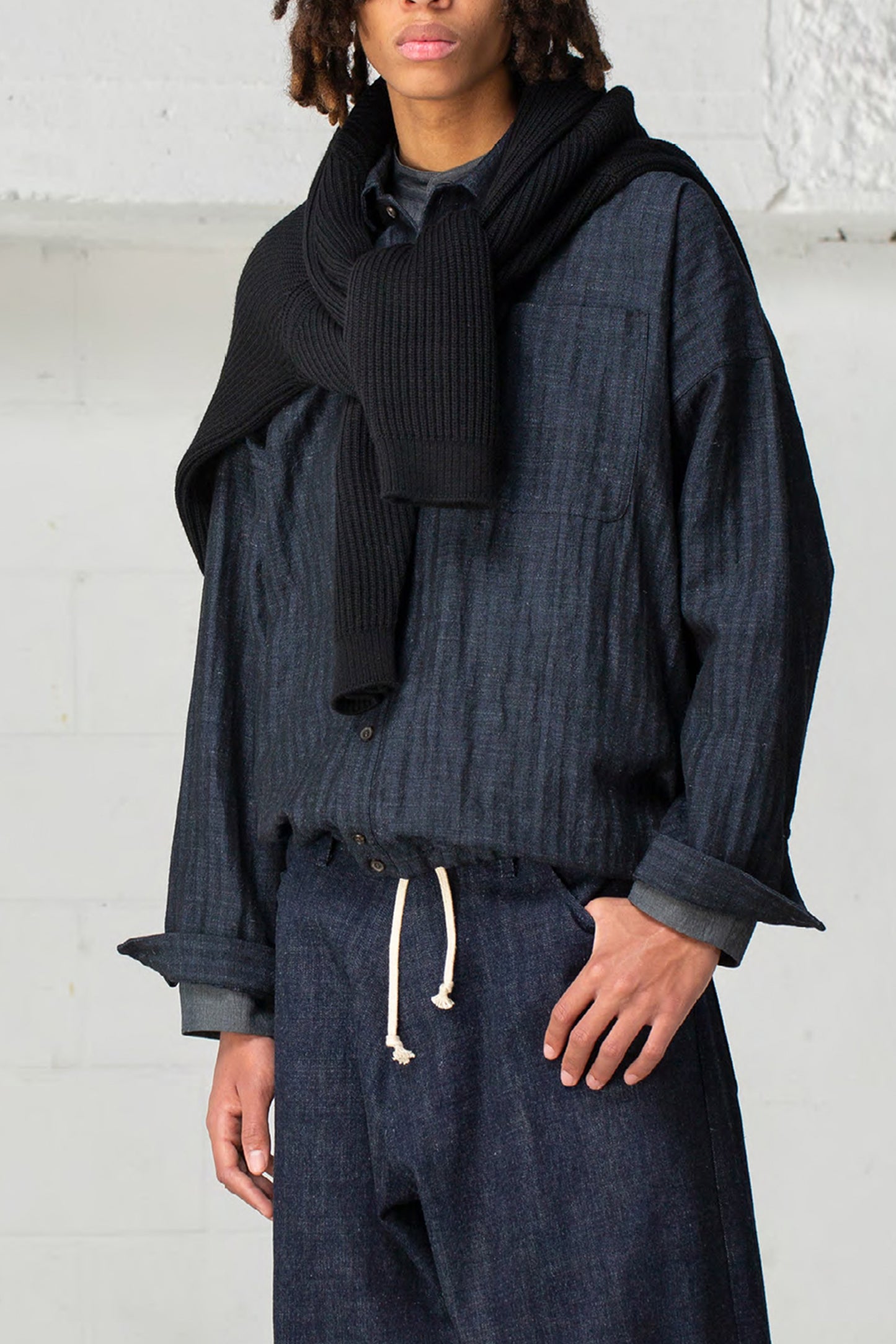 O PROJECT SOFT HERRINGBONE BOMBER SHIRT - NAVY