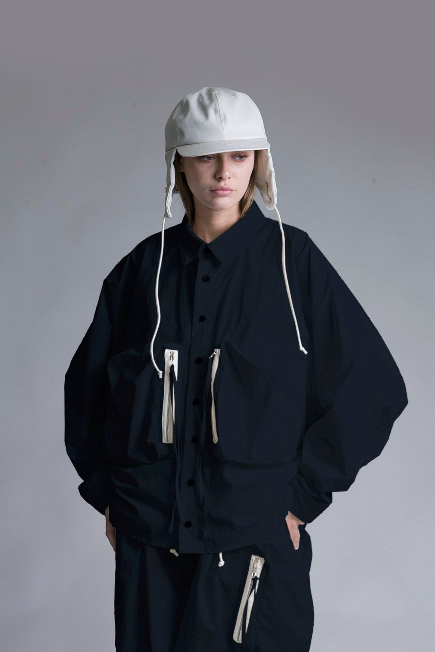 MY BEAUTIFUL LANDLET NYLON DYED TAFFETA BIG POCKET SHIRT - BLACK