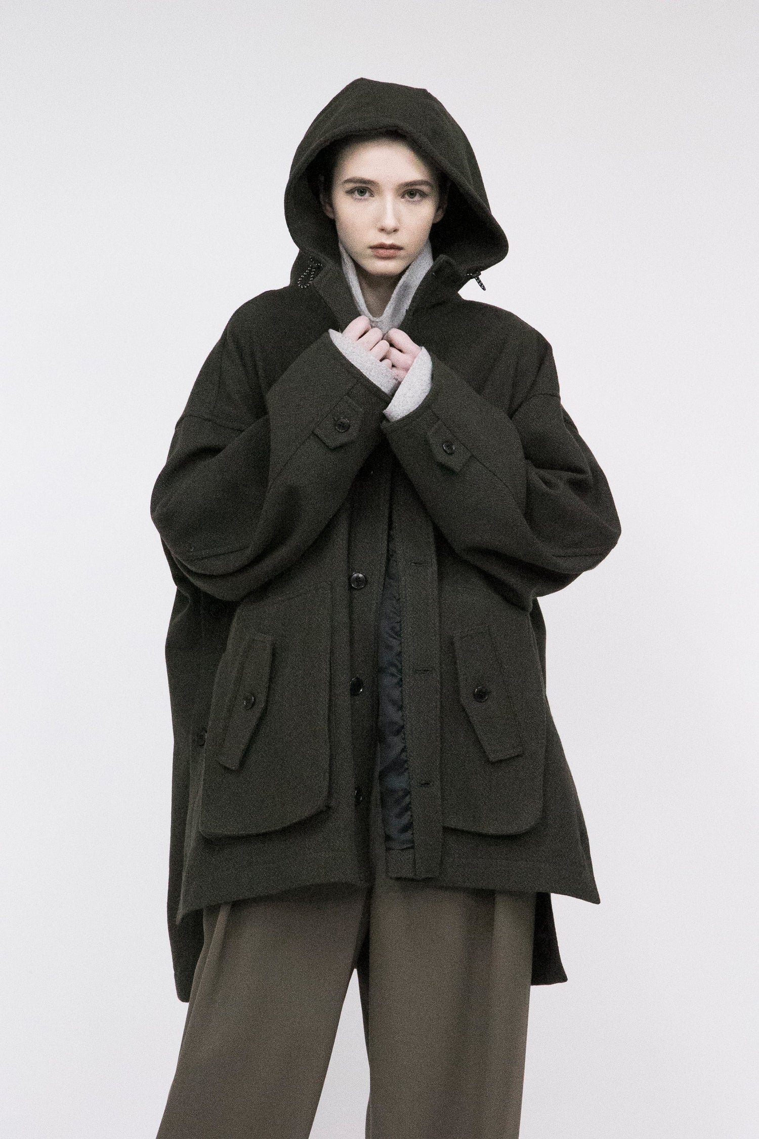 21AW, VOMP-G81, VOAAOV YABURE OIL CUT WOOL HOOD BLOUSON - BLACK / OLIVE, VOAAOV (ヴォアーブ) を取扱う正規通販ストアTOYASIDO。