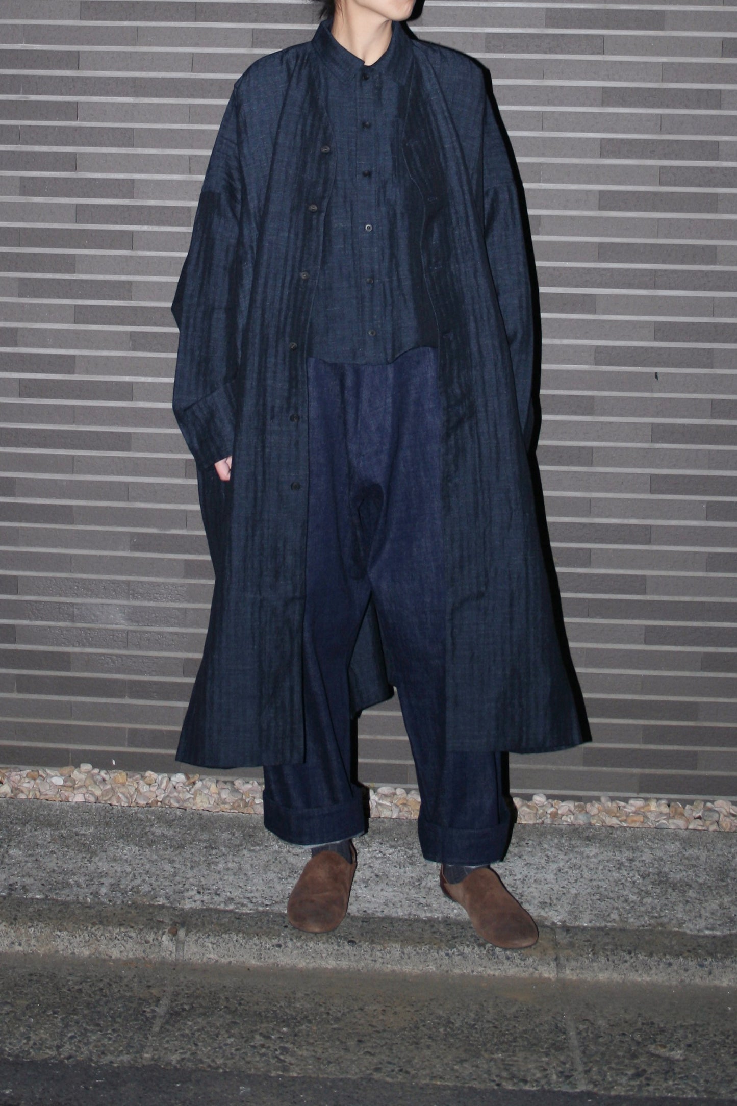 O PROJECT SOFT HERRINGBONE V-NECK LONG SHIRT COAT - NAVY