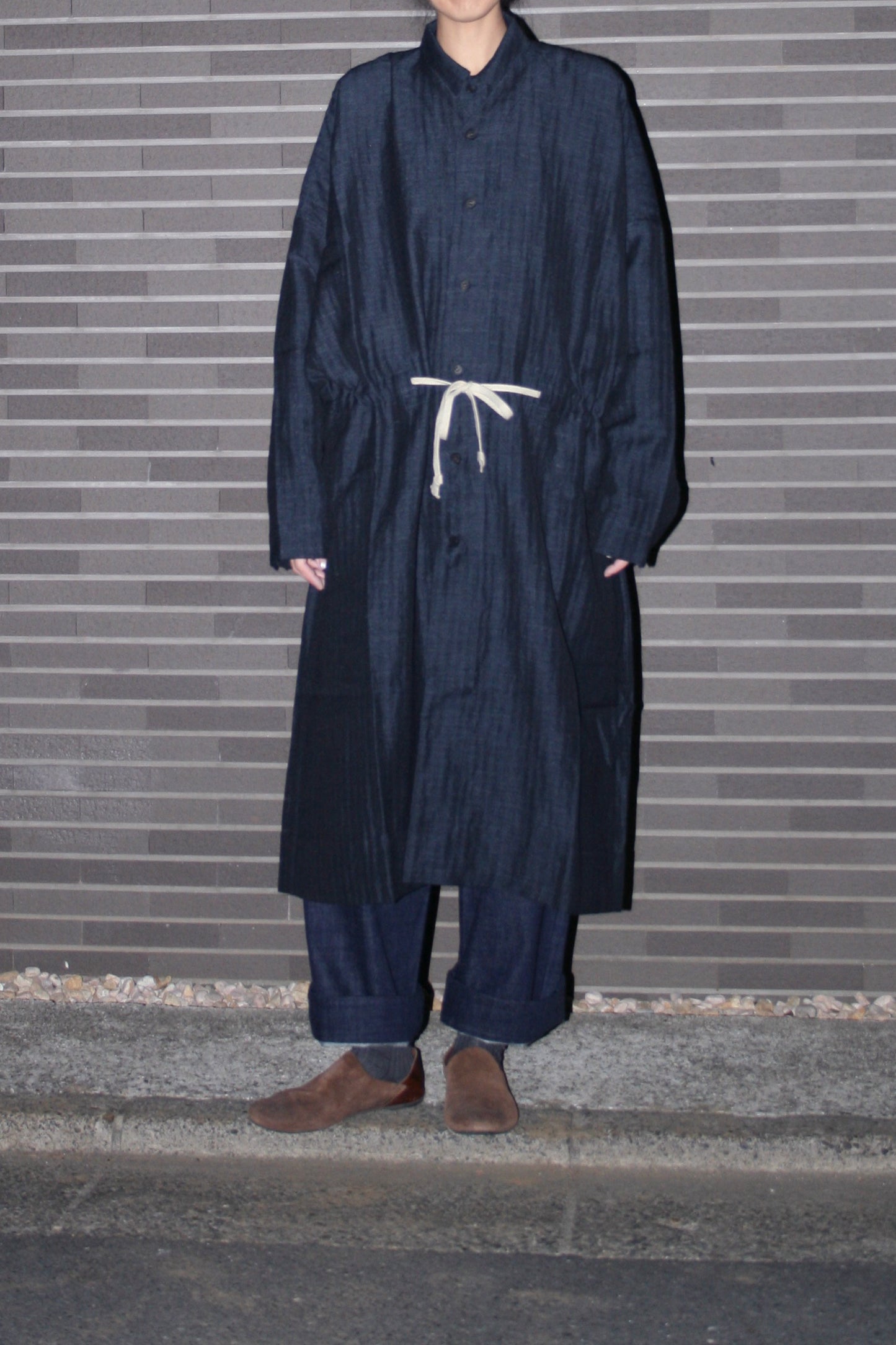 O PROJECT SOFT HERRINGBONE V-NECK LONG SHIRT COAT - NAVY