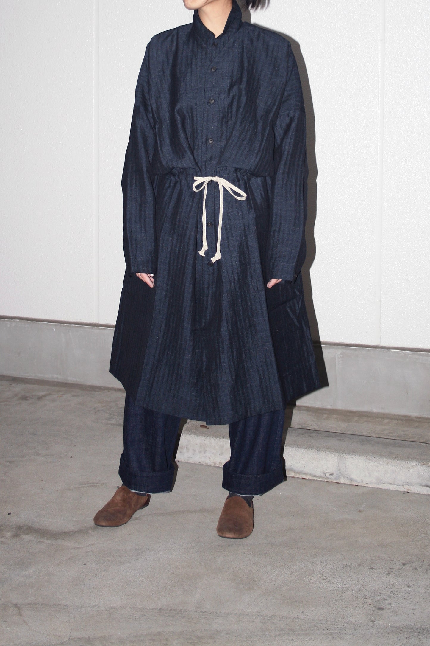O PROJECT SOFT HERRINGBONE V-NECK LONG SHIRT COAT - NAVY