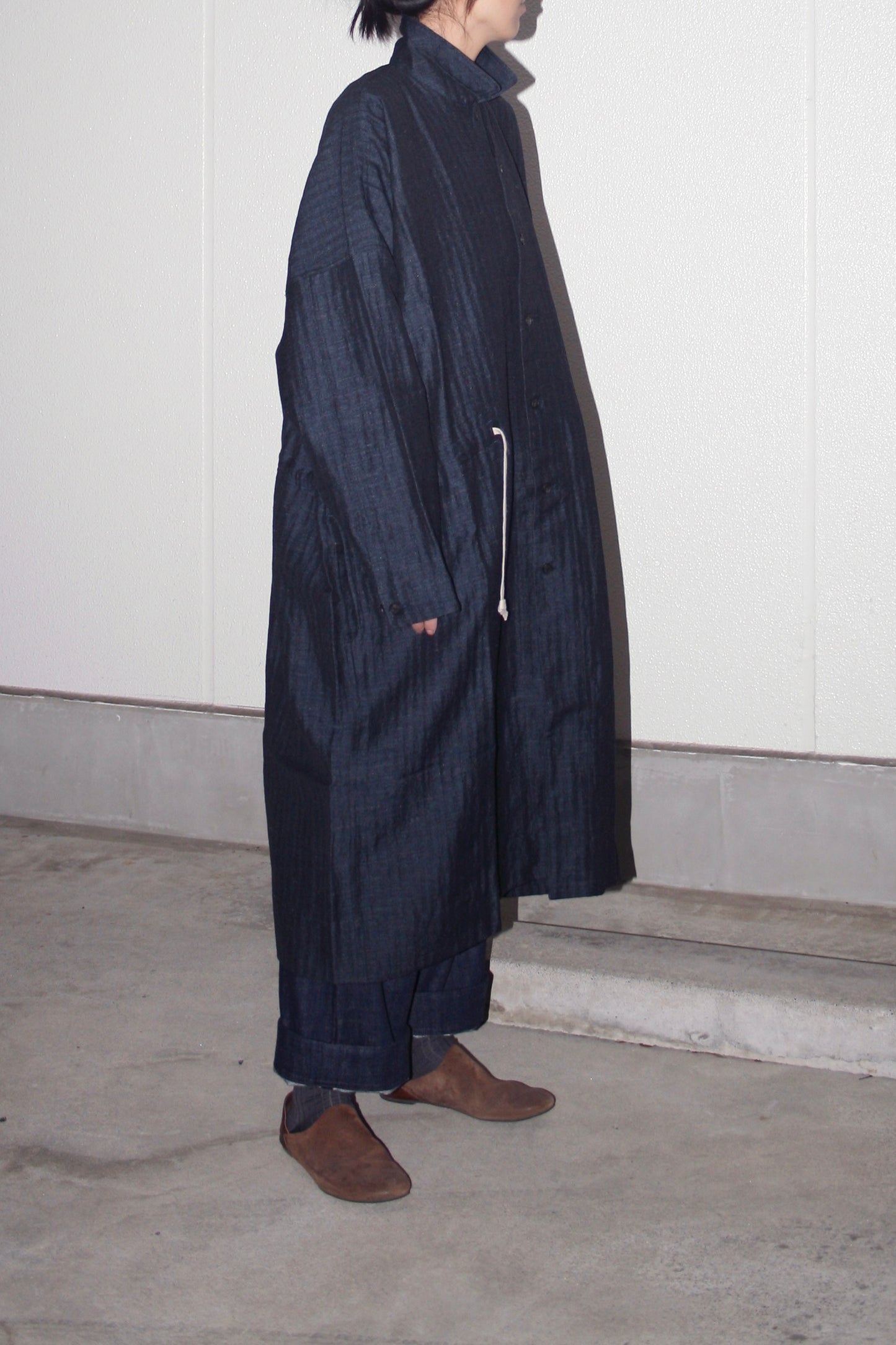 O PROJECT SOFT HERRINGBONE V-NECK LONG SHIRT COAT - NAVY