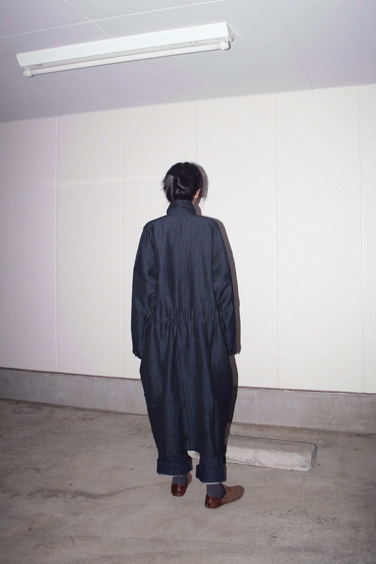 O PROJECT SOFT HERRINGBONE V-NECK LONG SHIRT COAT - NAVY