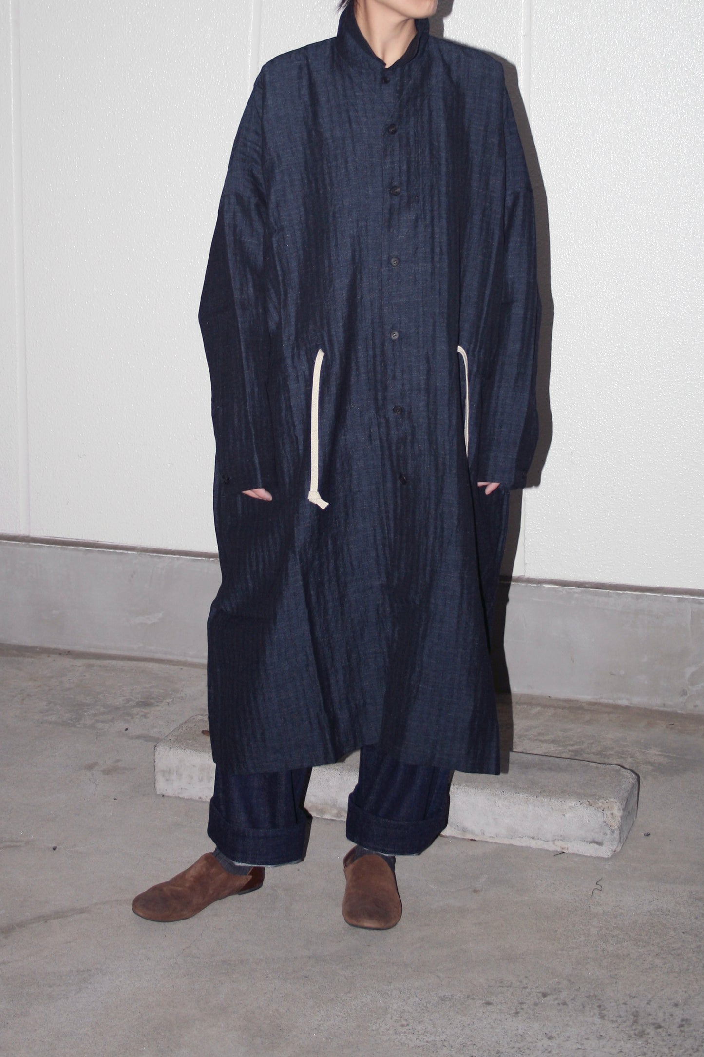 O PROJECT SOFT HERRINGBONE V-NECK LONG SHIRT COAT - NAVY