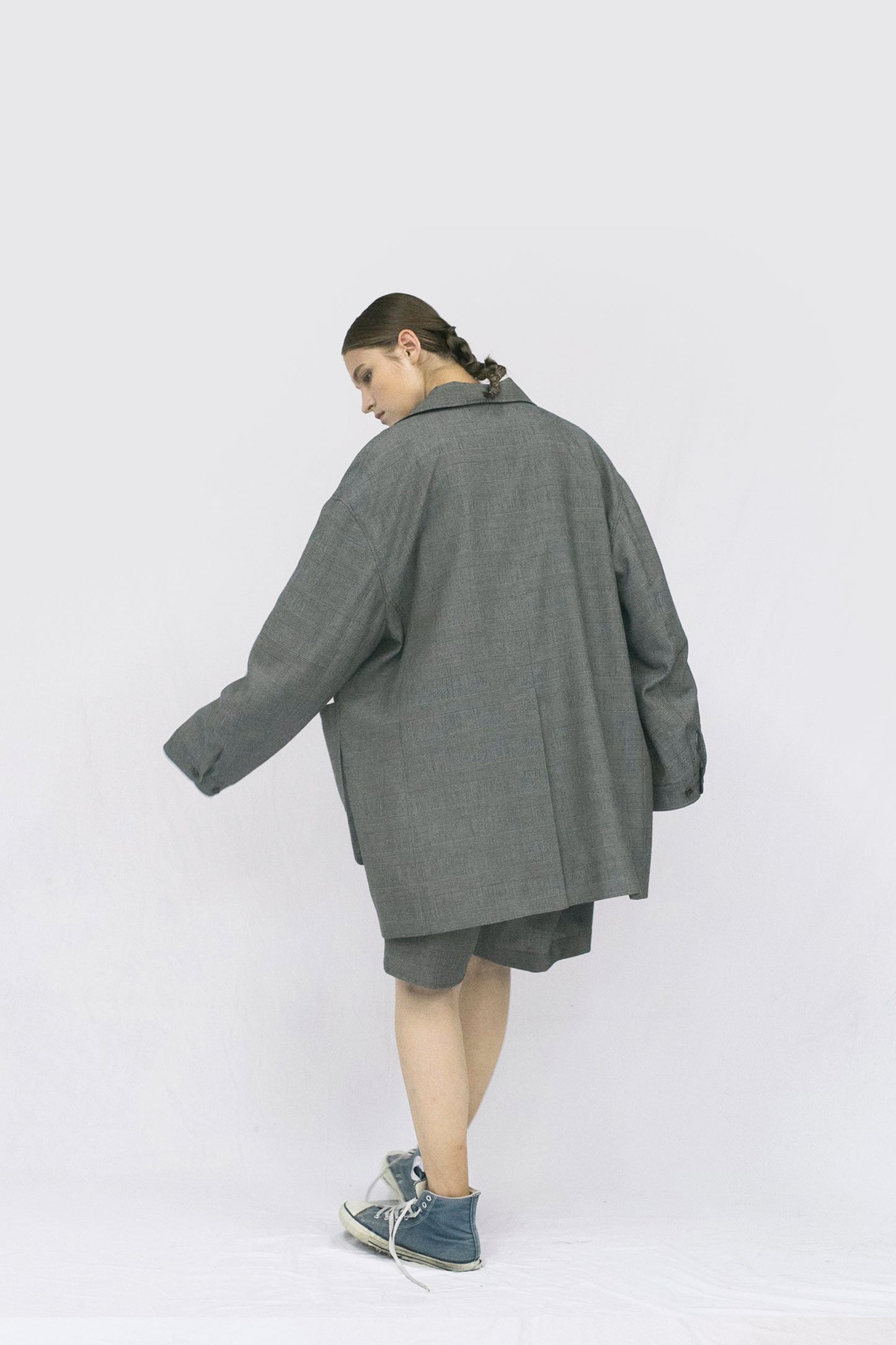 VOAAOV BISHU LINEN x POLYESTER BLENDED YARN GLENCHECK JACKET - BEIGE/CHECK