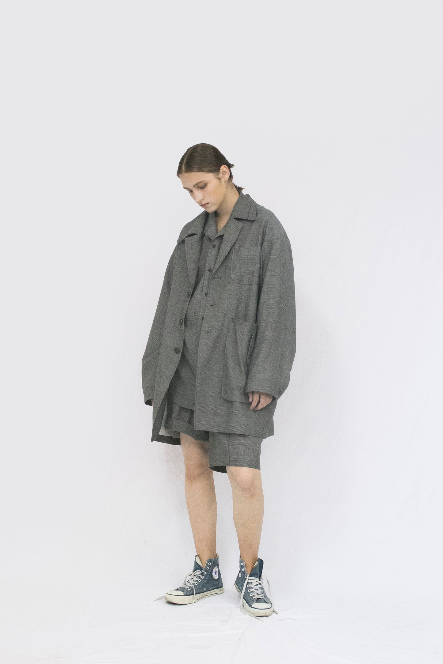 VOAAOV BISHU LINEN x POLYESTER BLENDED YARN GLENCHECK JACKET - BEIGE/CHECK
