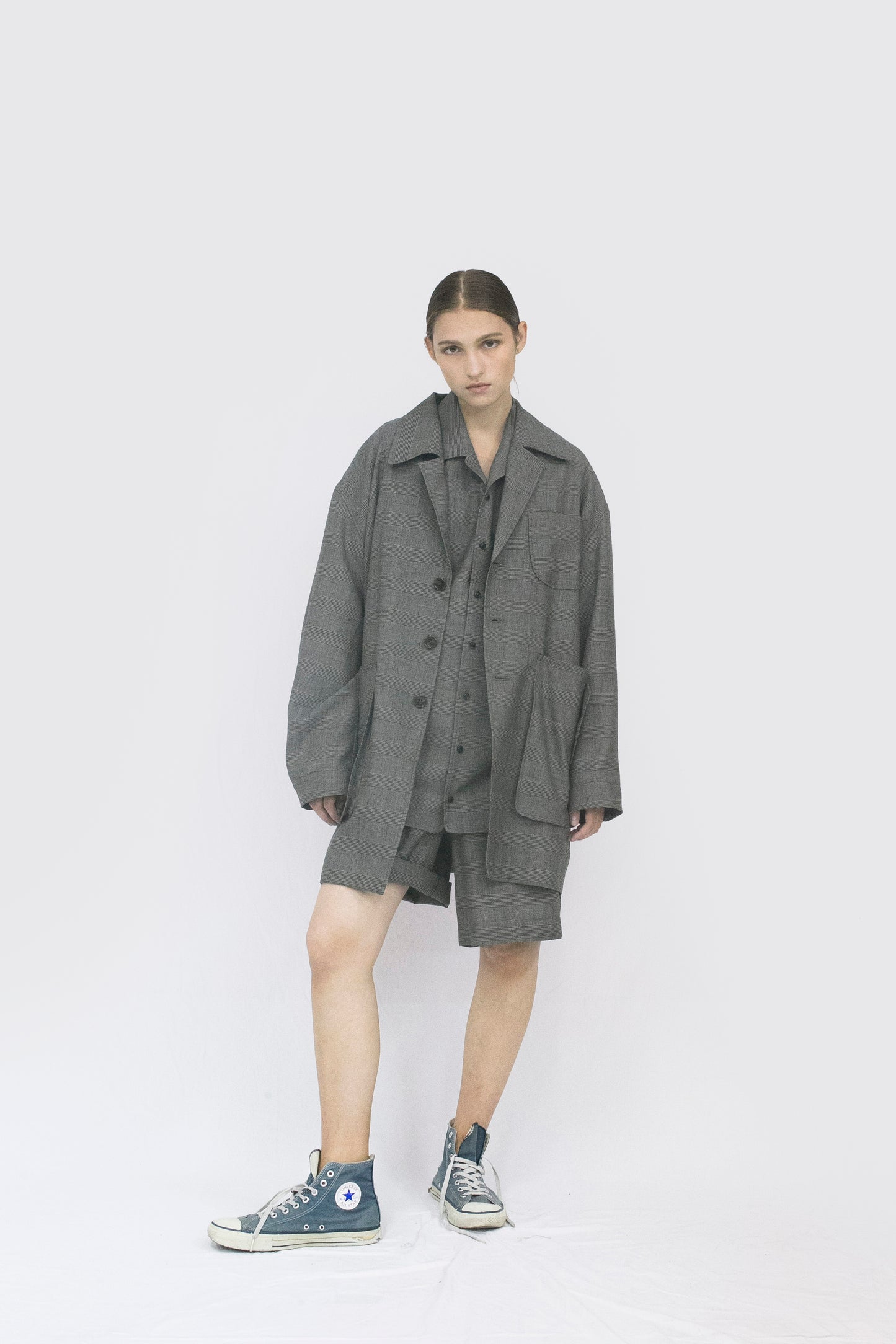 VOAAOV BISHU LINEN x POLYESTER BLENDED YARN GLENCHECK JACKET - BEIGE/CHECK