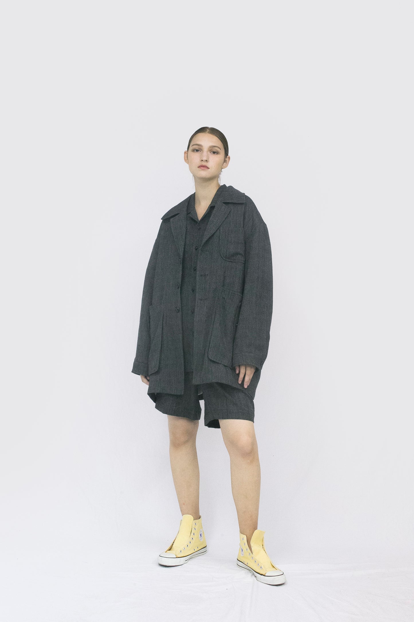 VOAAOV BISHU LINEN x POLYESTER BLENDED YARN DOBBY WEAVE JACKET - GRAY/DOBBY