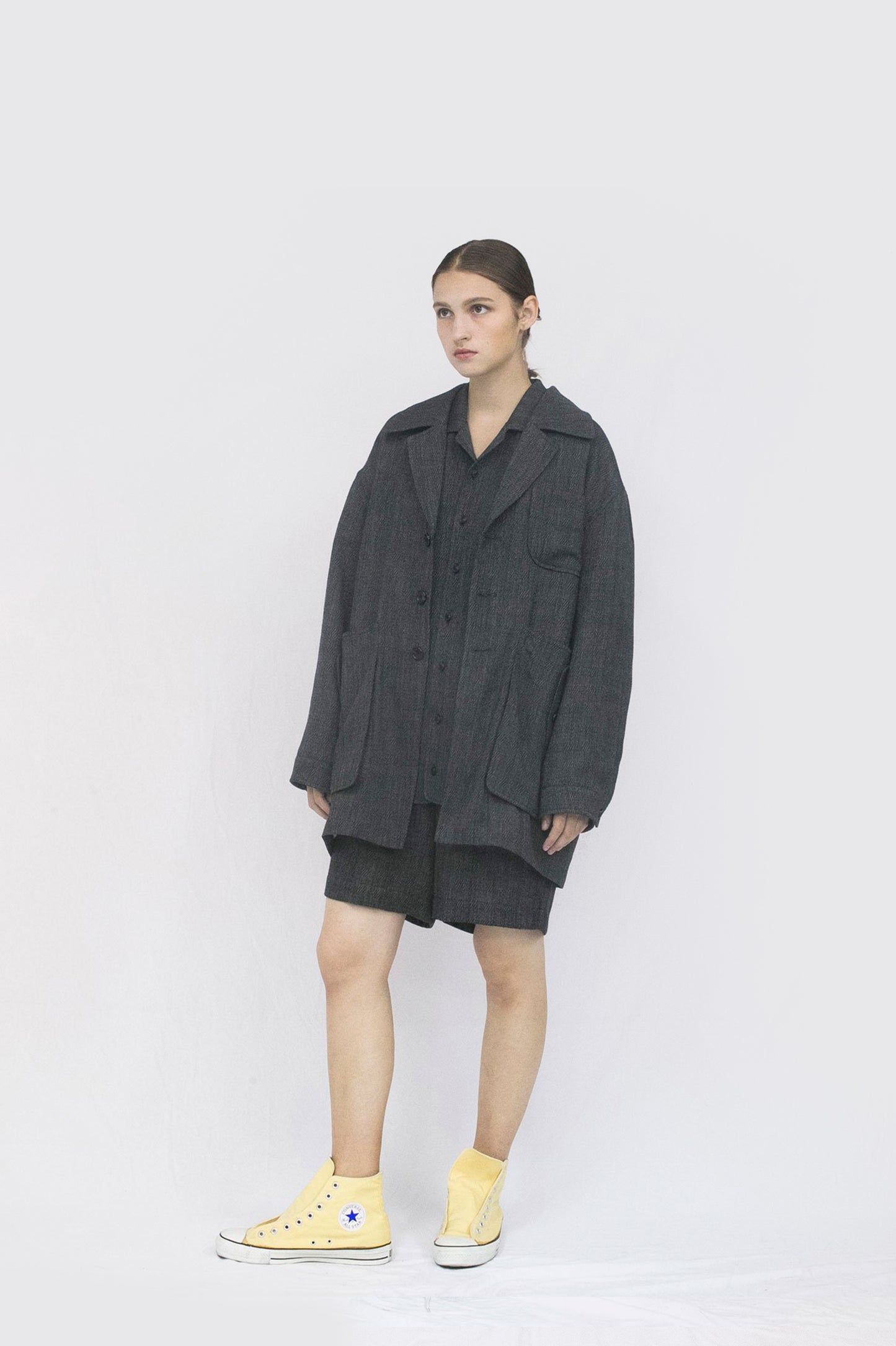 VOAAOV BISHU LINEN x POLYESTER BLENDED YARN DOBBY WEAVE JACKET - GRAY/DOBBY