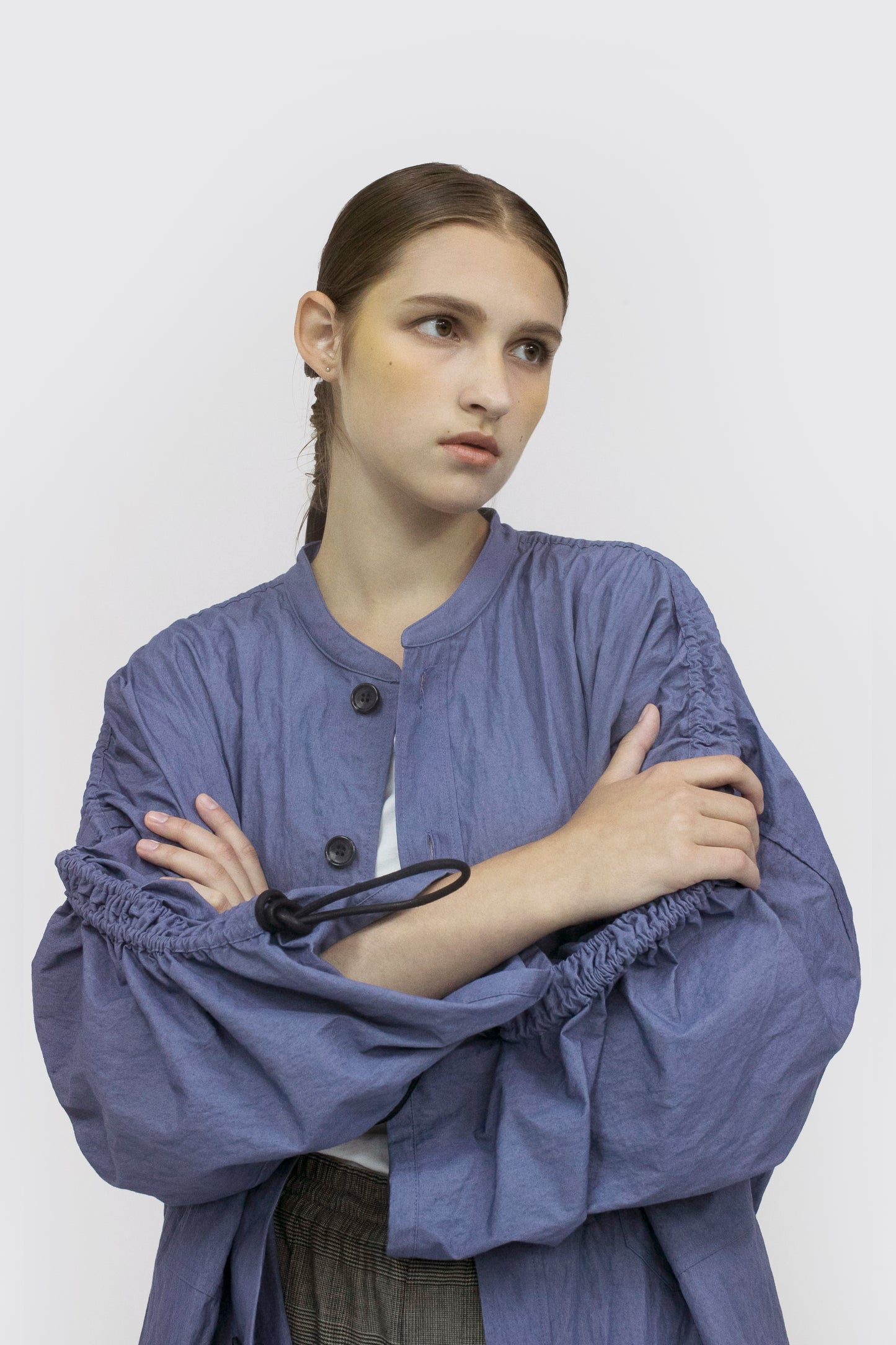 VOAAOV COTTON x NYLON RUDEBACK HALF SHIRT - PURPLE