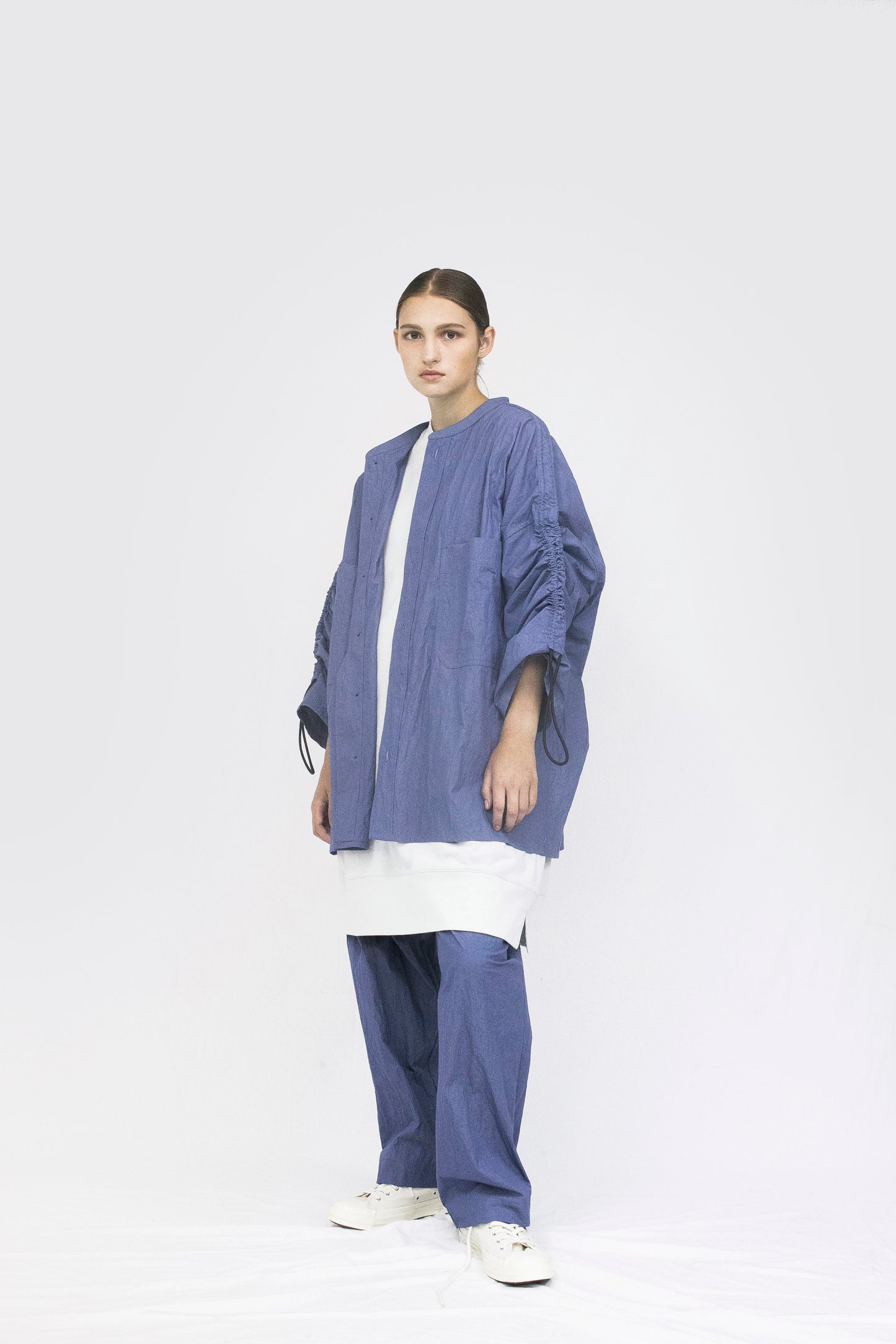 VOAAOV COTTON x NYLON RUDEBACK HALF SHIRT - PURPLE