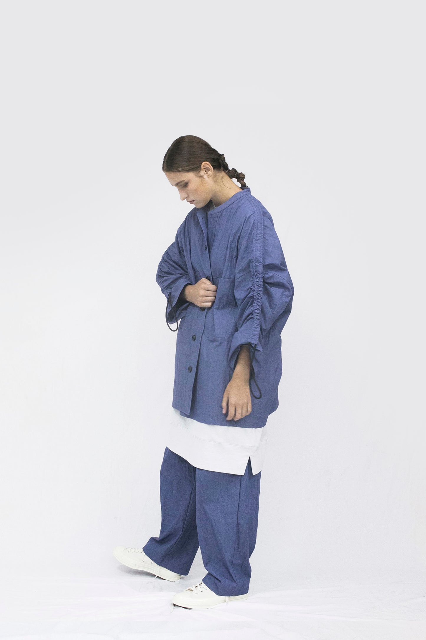 VOAAOV COTTON x NYLON RUDEBACK HALF SHIRT - PURPLE
