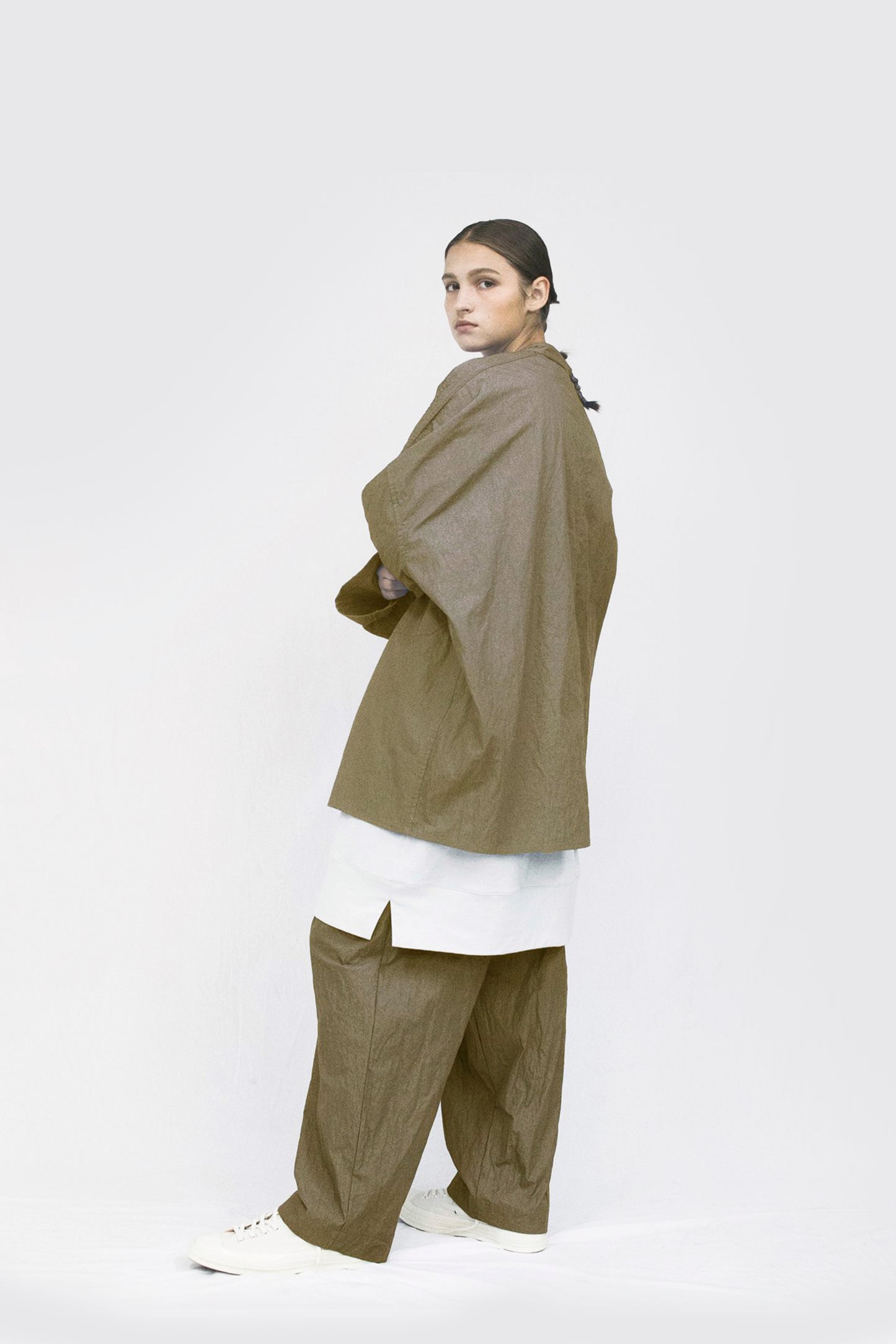 VOAAOV COTTON x NYLON RUDEBACK HALF SHIRT - BEIGE