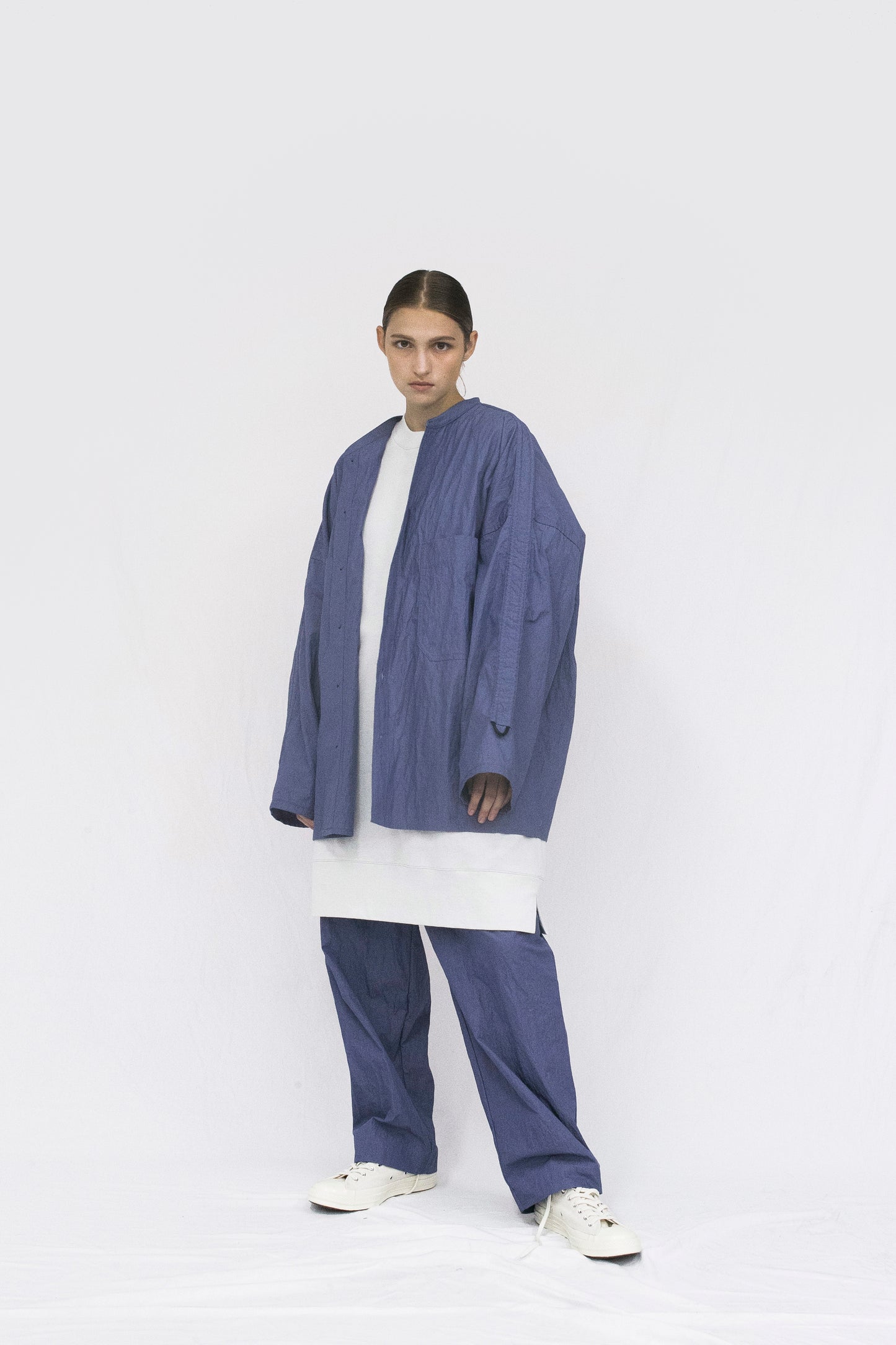 VOAAOV COTTON x NYLON RUDEBACK HALF SHIRT - PURPLE