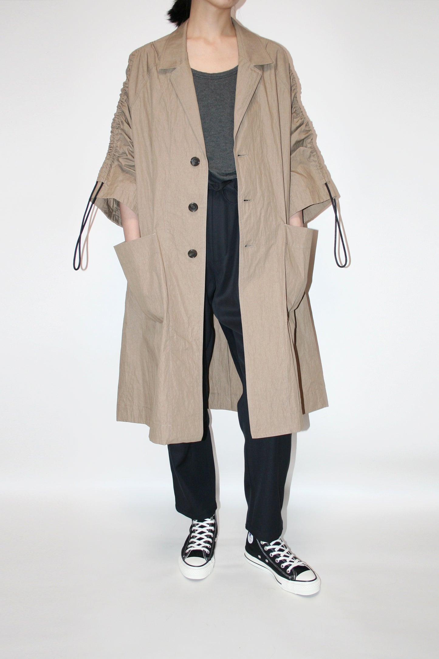 VOAAOV COTTON x NYLON RUDEBACK HALF COAT - BEIGE
