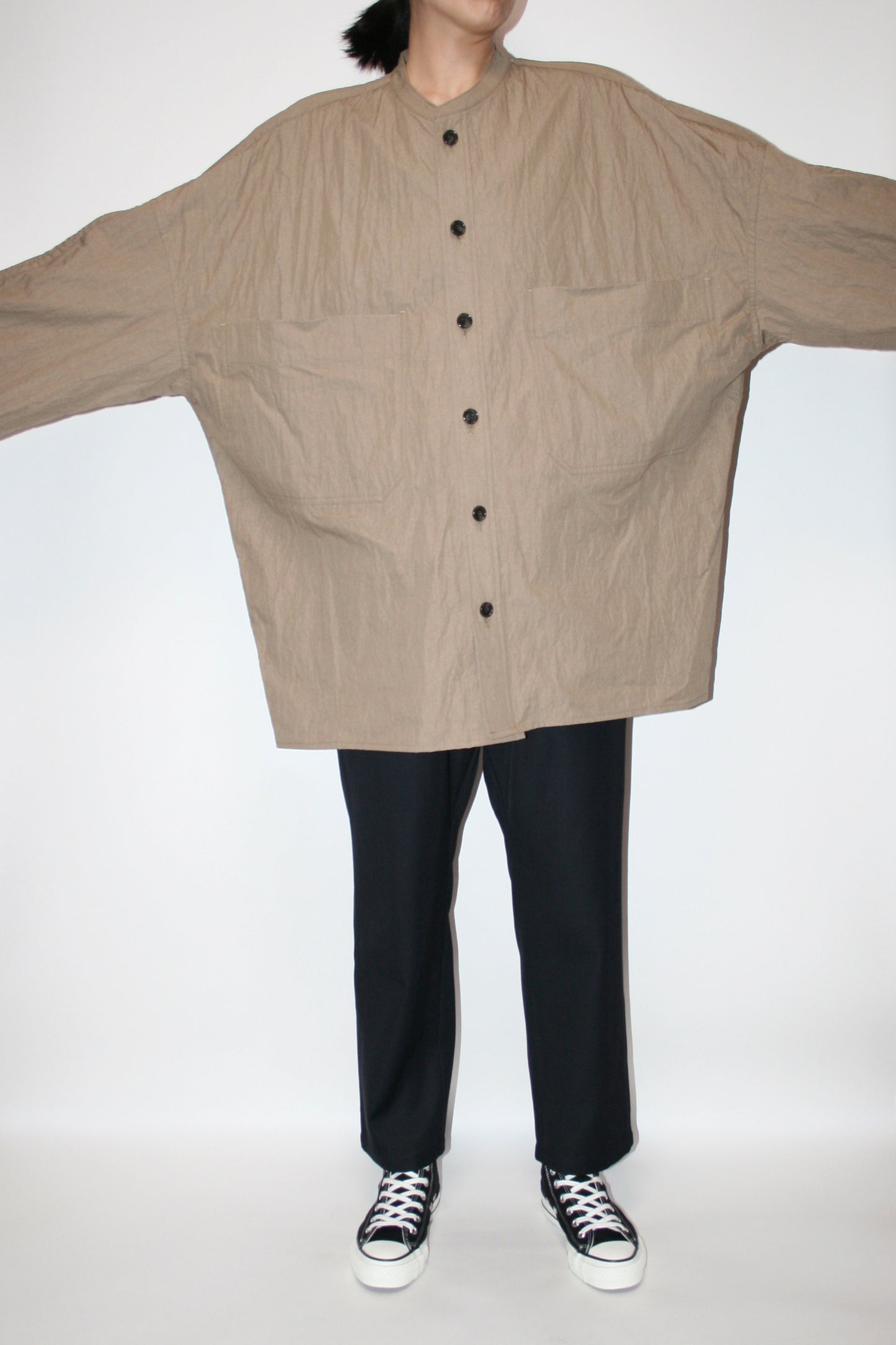VOAAOV COTTON x NYLON RUDEBACK HALF SHIRT - BEIGE