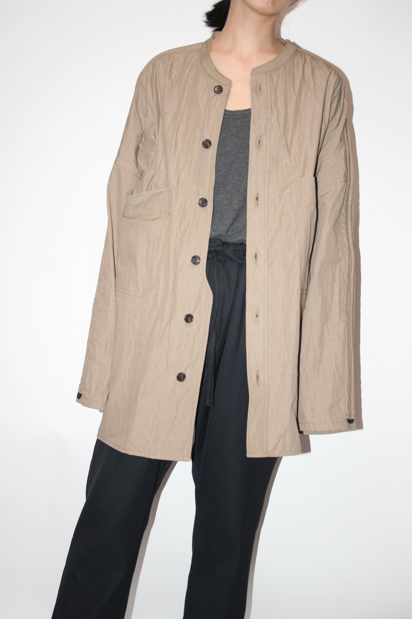 VOAAOV COTTON x NYLON RUDEBACK HALF SHIRT - BEIGE